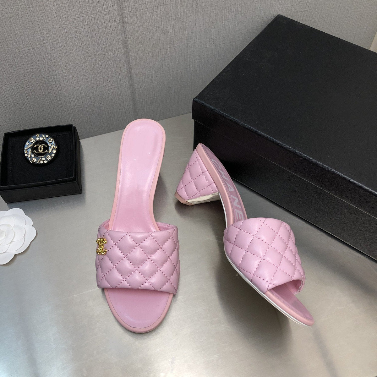 CHANEL rev cone heel mule slide sandal pink quilted lambskin 6cm