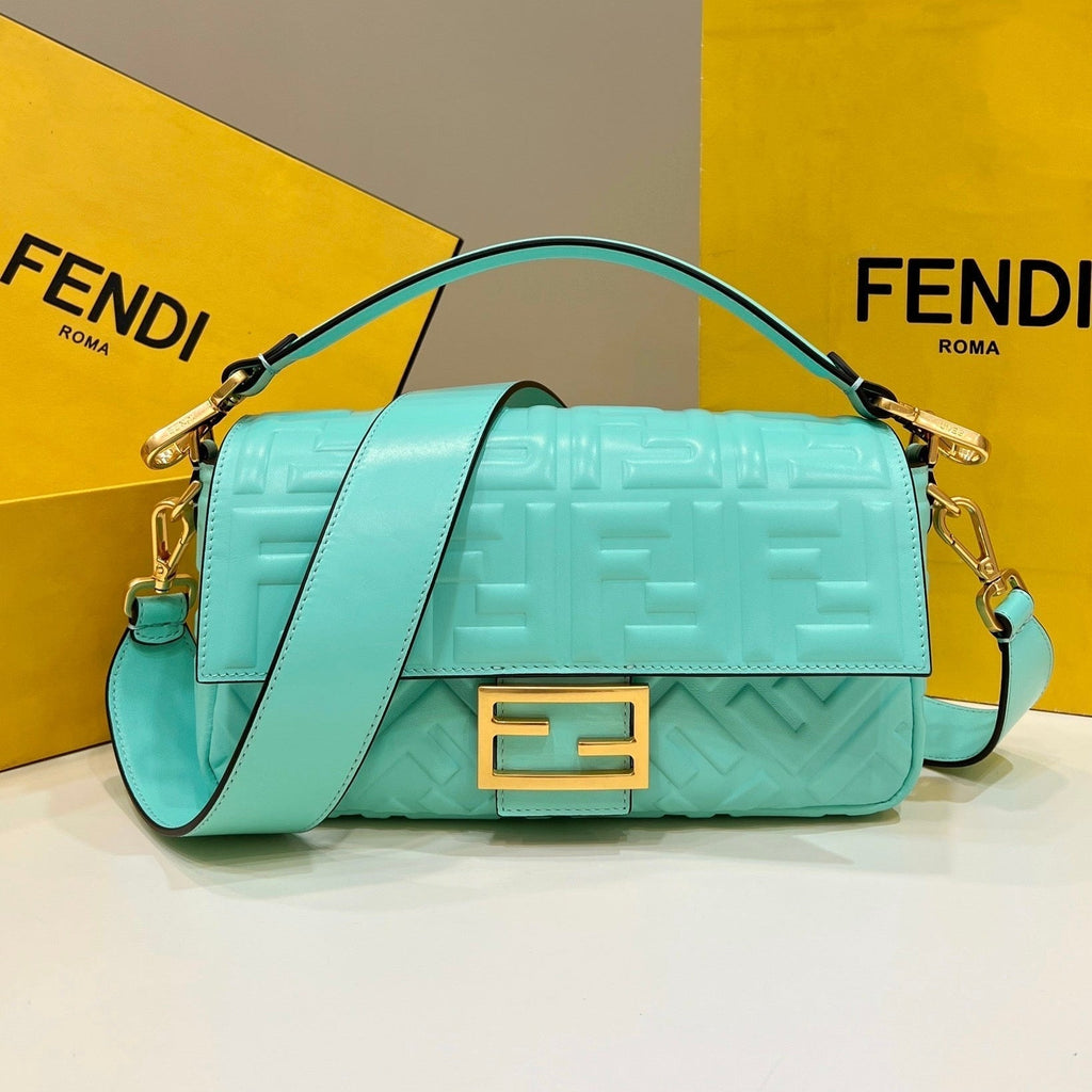 BAGUETTE WITH FF MOTIF 27 IN TURQUOISE SOFT LAMBSKIN GOLD HARDWARE