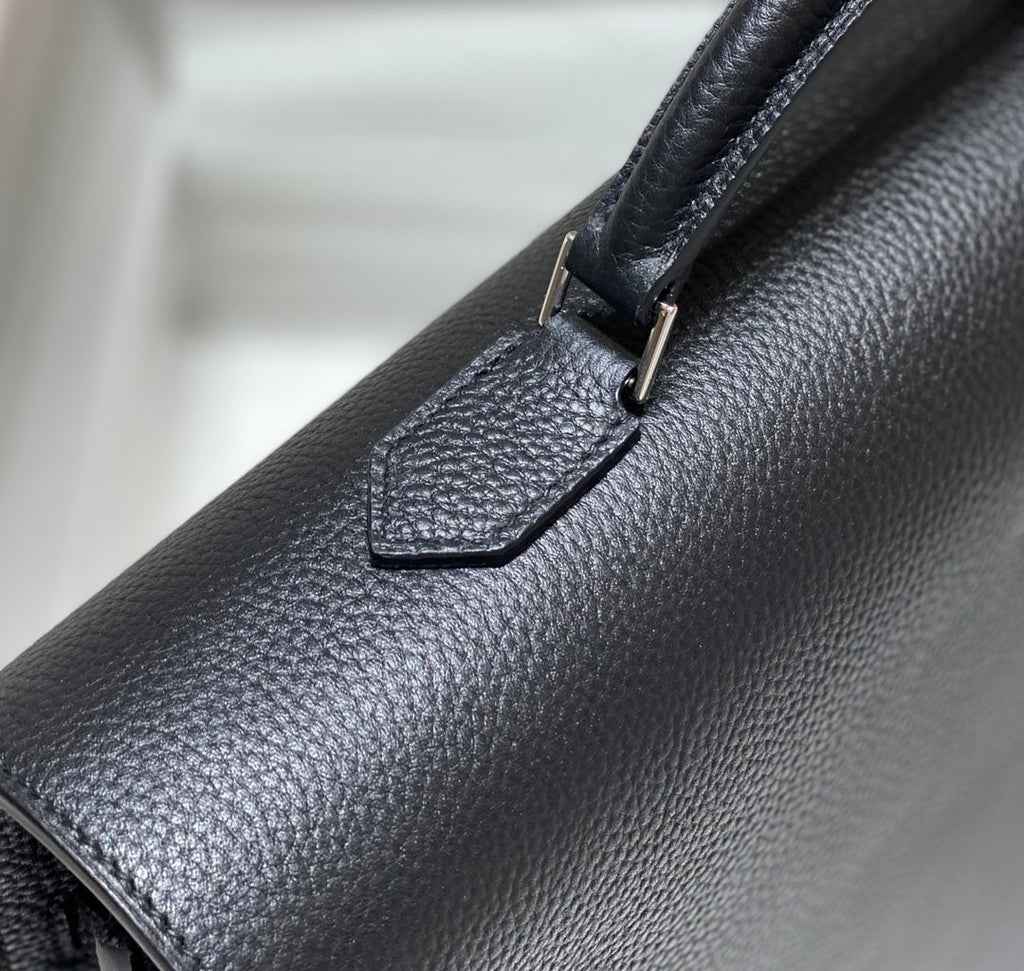 HERMES KELLY DEPECHES 34 BRIEFCASE IN BLACK TOGO CALFSKIN SILVER HARDWARE