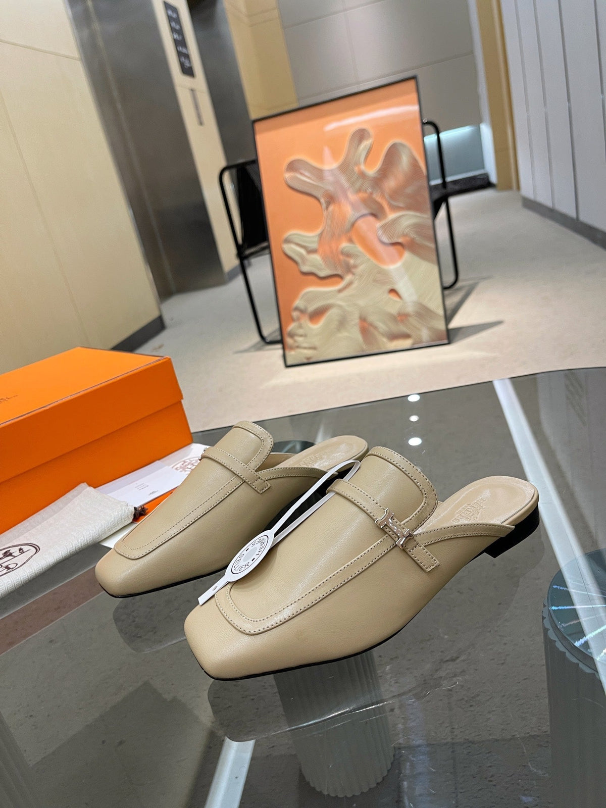 HERMES GROUPIE MULE BEIGE LAMBSKIN