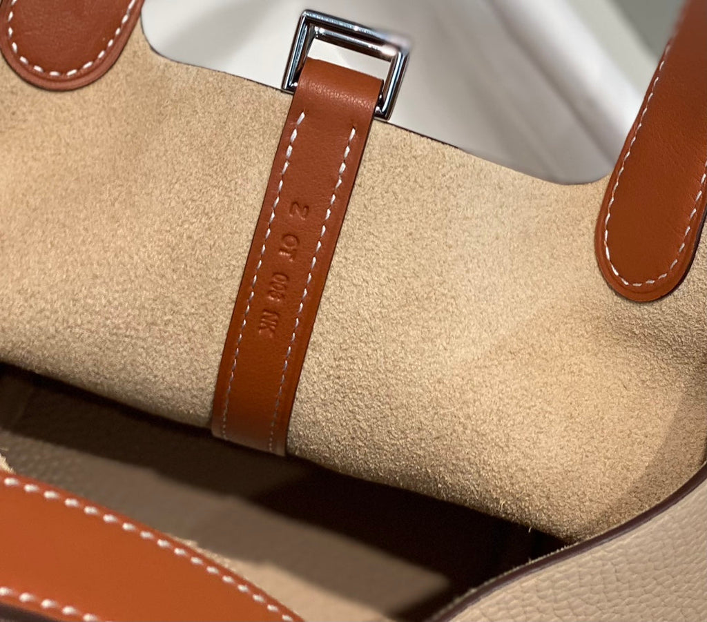 HERMES 25S PICOTIN LOCK 18 IN BURNT ORANGE AND LIGHT BROWN CALFSKIN SILVER HARDWARE