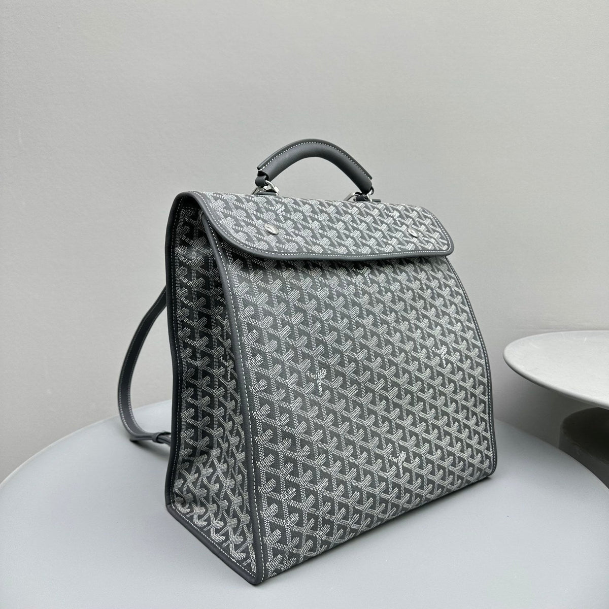 LEGER BACKPACK 37 IN GRAY GOYARDINE CANVAS WITH CALFSKIN TRIM