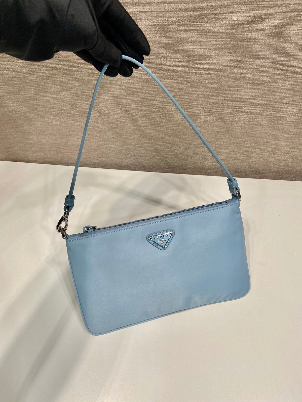 PRADA SHOULDER BAG 24 WITH TRIANGLE LOGO IN SKY BLUE RE-NYLON FABRIC