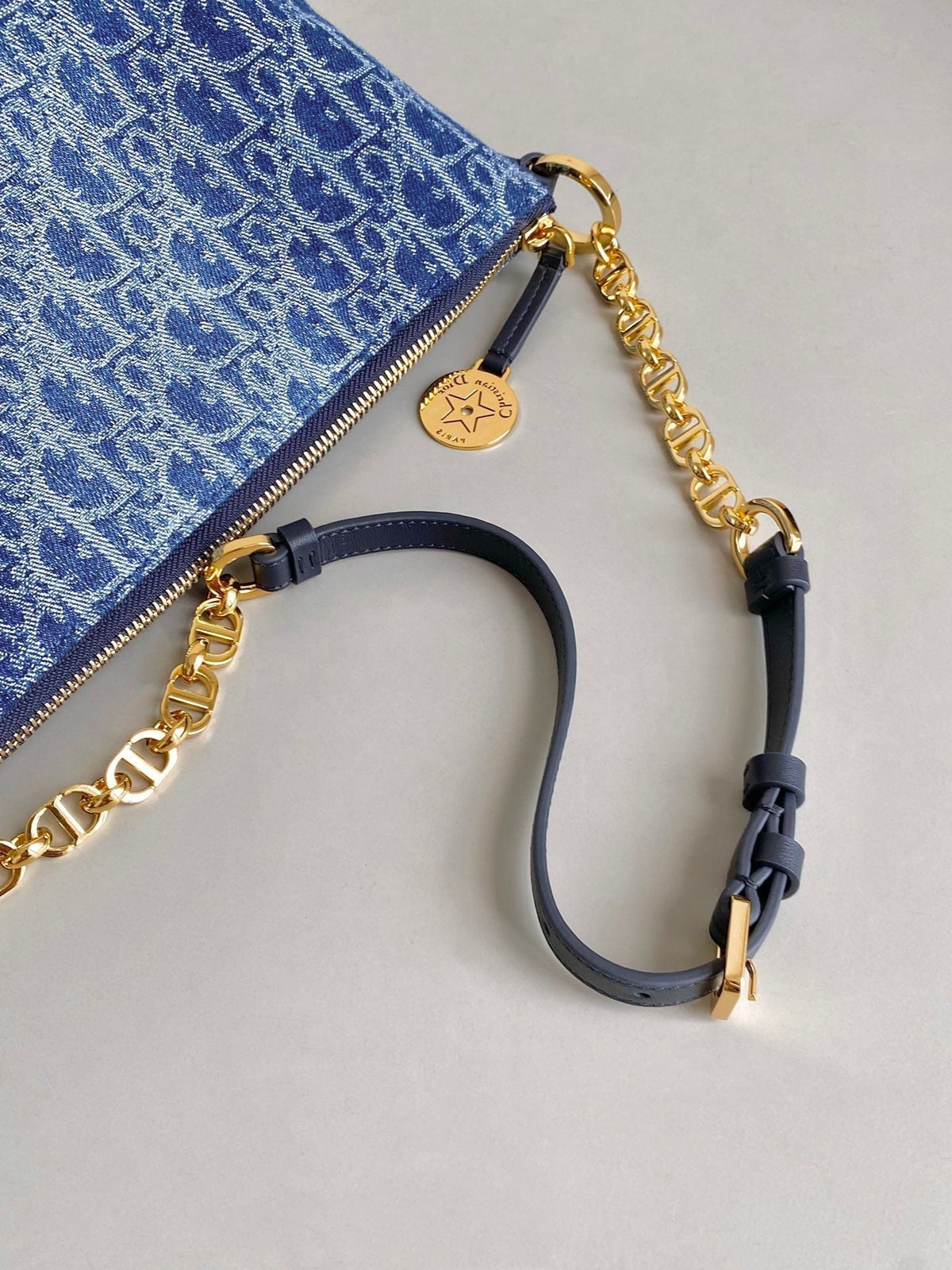 DIOR STAR 28 HOBO BAG WITH CHAIN BLUE DENIM OBLIQUE JACQUARD