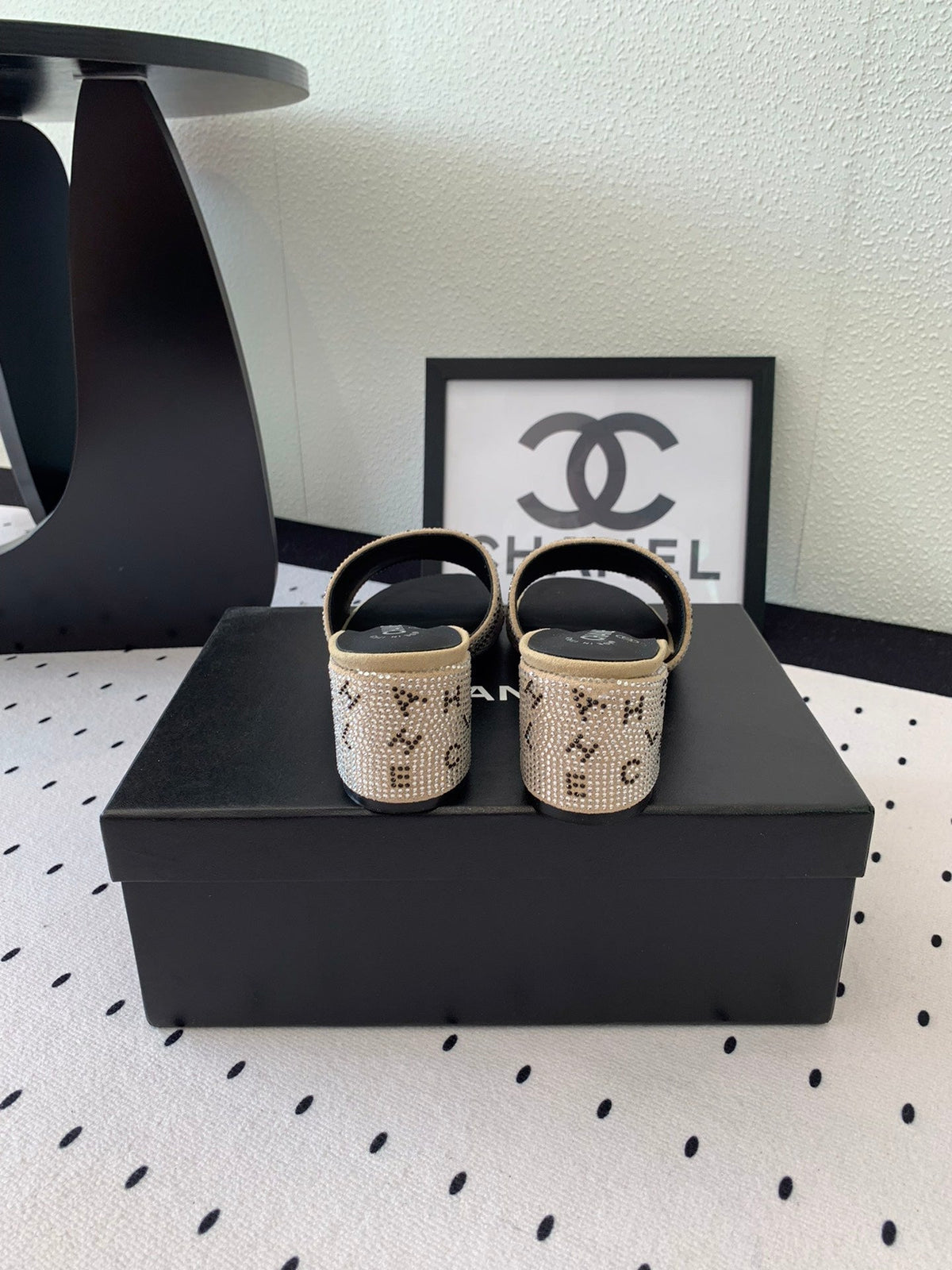 CHANEL RHINESTONE LETTER HIGH HEELS CARAMEL BROWN AND BLACK LAMBSKIN