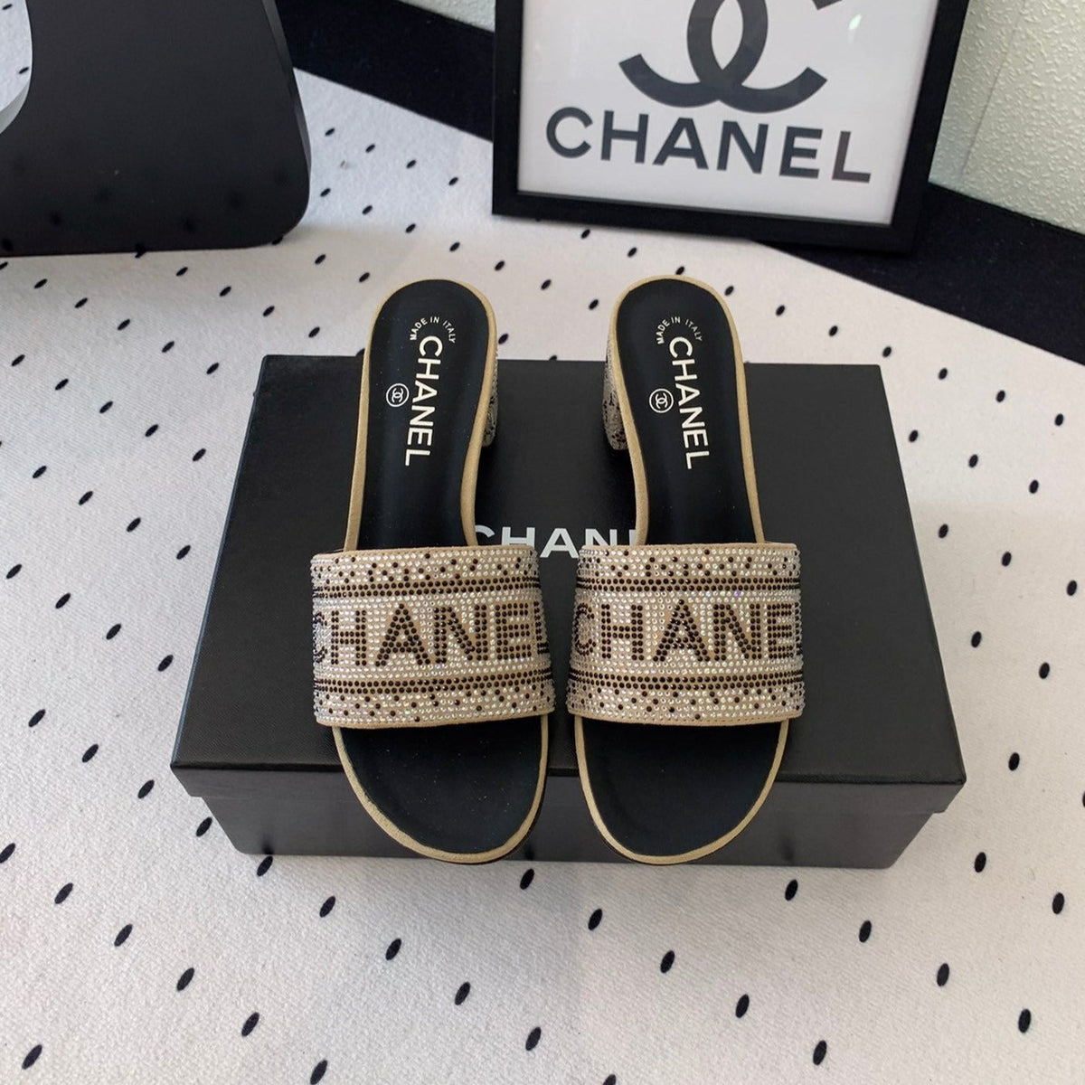 CHANEL RHINESTONE LETTER HIGH HEELS CARAMEL BROWN AND BLACK LAMBSKIN