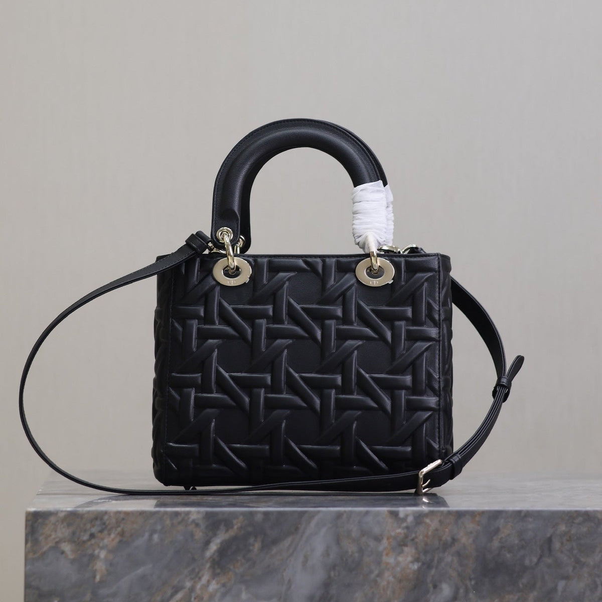 DIOR LADY BAG 24 IN BLACK GRAPHIC CANNAGE CALFSKIN PALE GOLD-FINISH METAL CHARMS