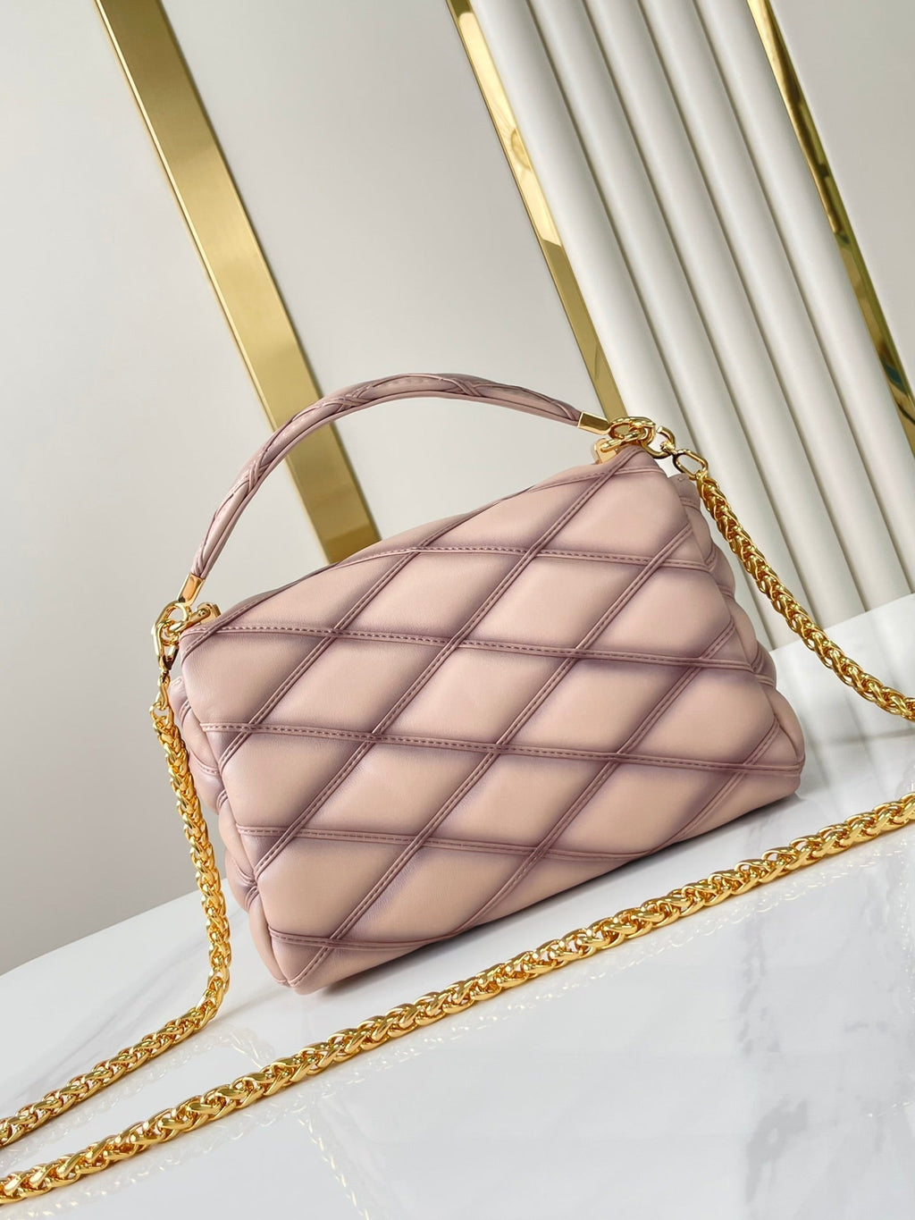 LOUIS VUITTON GO-14 MM 23 IN LIGHT PINK QUILTED LAMBSKIN GOLD HARDWARE