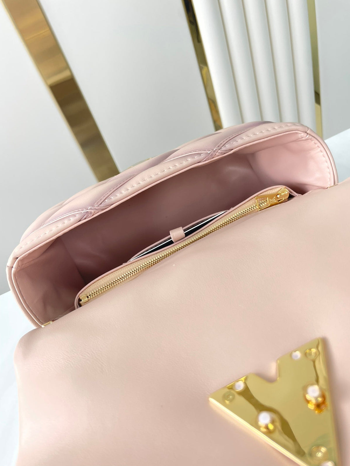 LOUIS VUITTON GO-14 MM 23 IN LIGHT PINK QUILTED LAMBSKIN GOLD HARDWARE