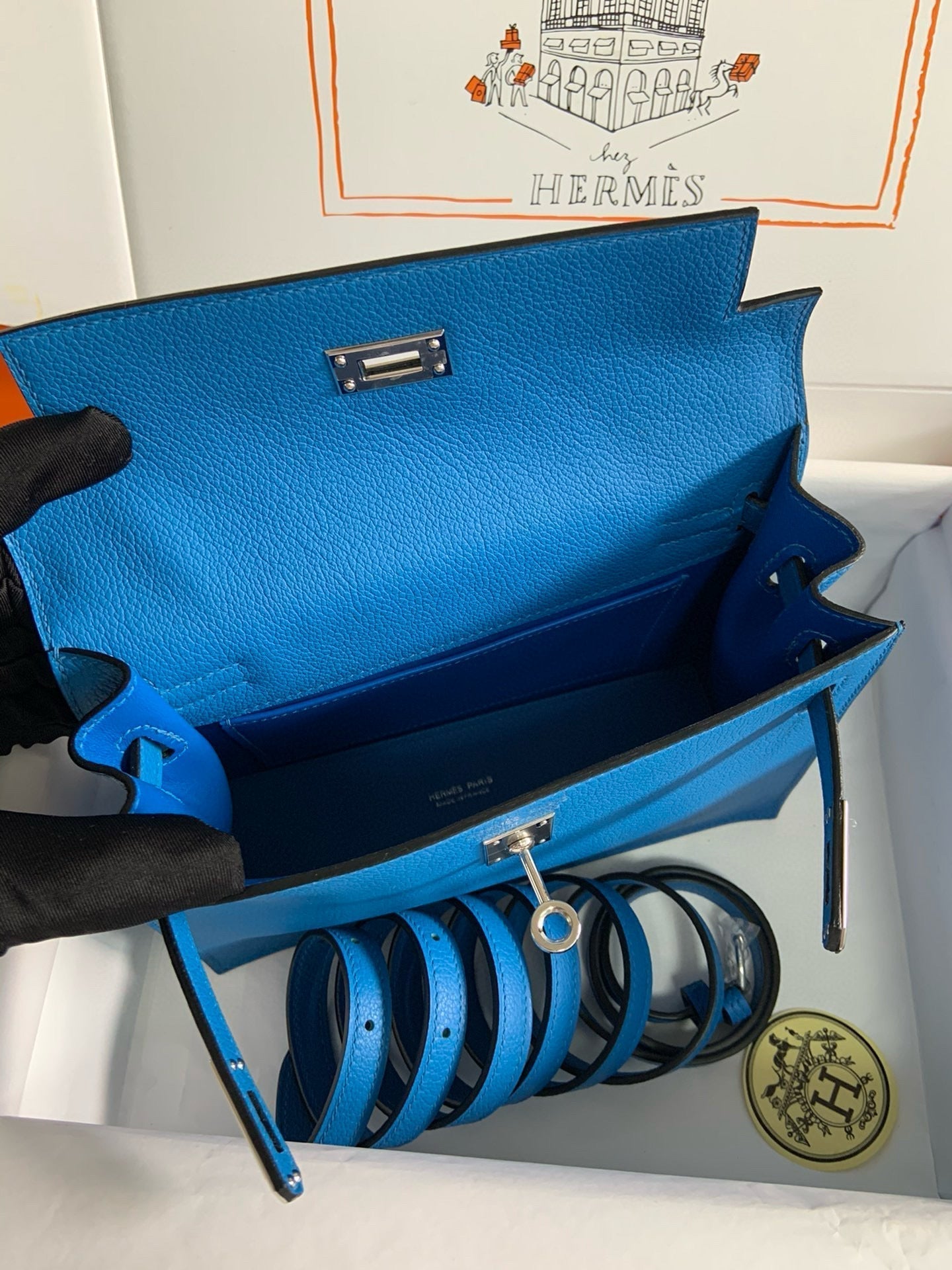 HERMES KELLY DANSE 22 EVERCOLOR BLUE IN CALFSKIN SLIVER HARDWARE
