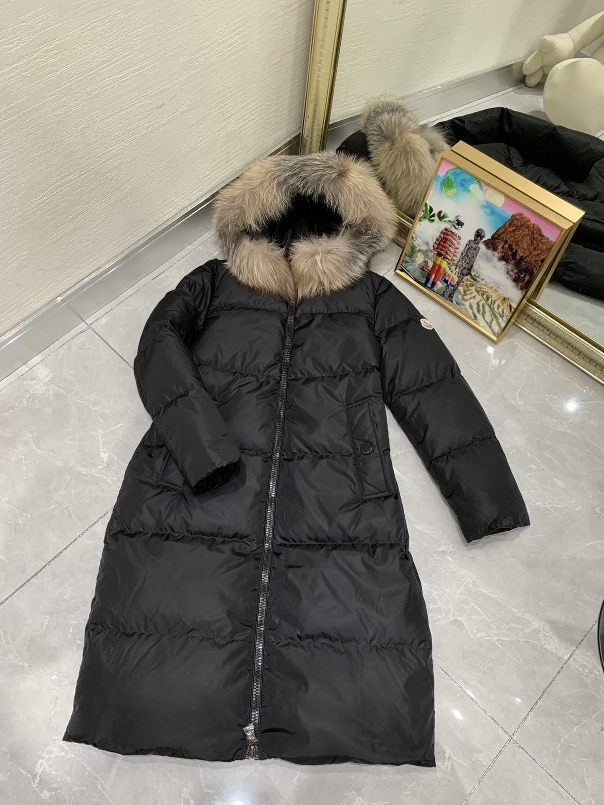 Moncler Hooded Fur-Trim Long Down Coat — detail