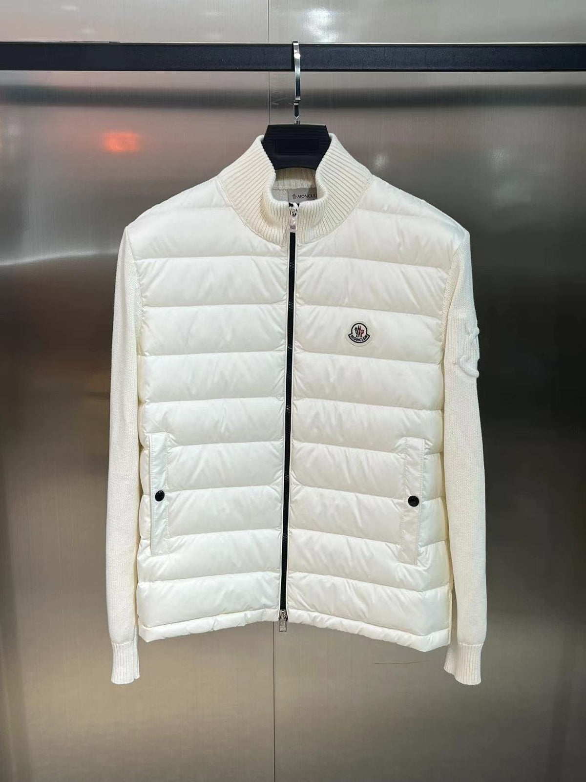 Moncler Quilted Knit-Sleeve Down Jacket — front