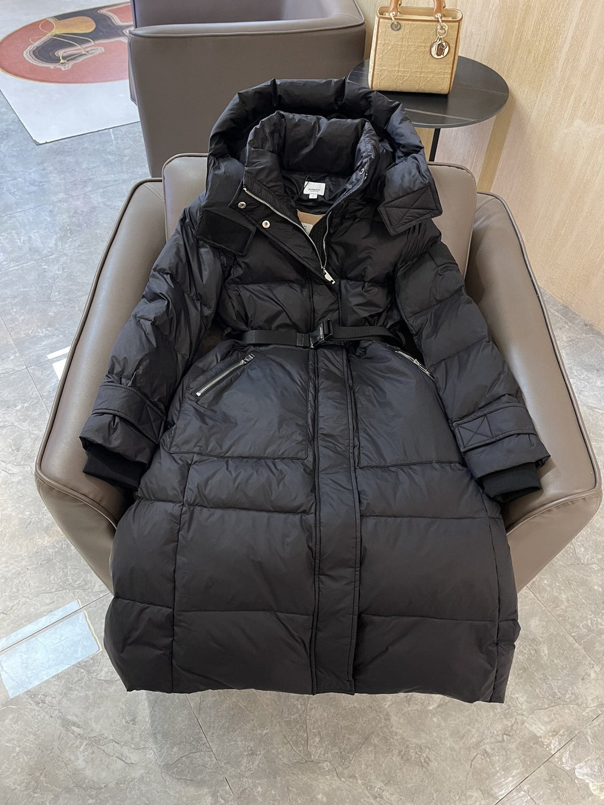 Burberry Hooded Belted Long Down Jacket — detail