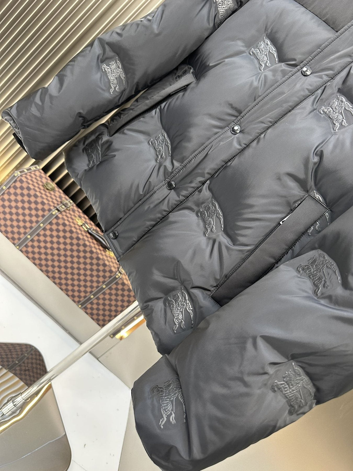 Burberry Charcoal Grey Hooded Quilted Puffer Jacket — fabric_closeup
