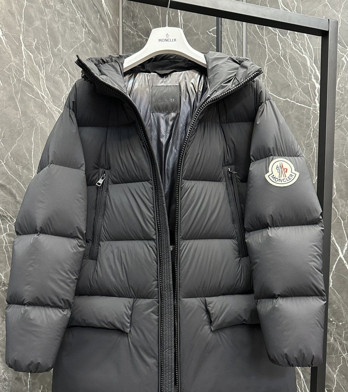 Moncler Bosona Black Long Hooded Down Coat — front