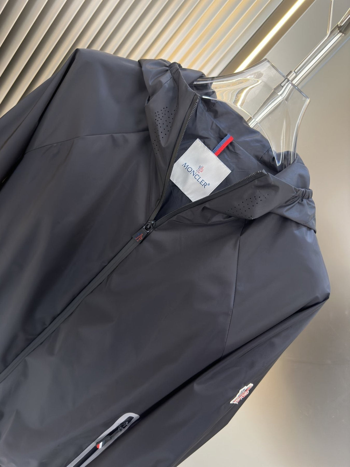 Moncler Hooded Zip-Front Jacket with Chest Emblem — hang_tag