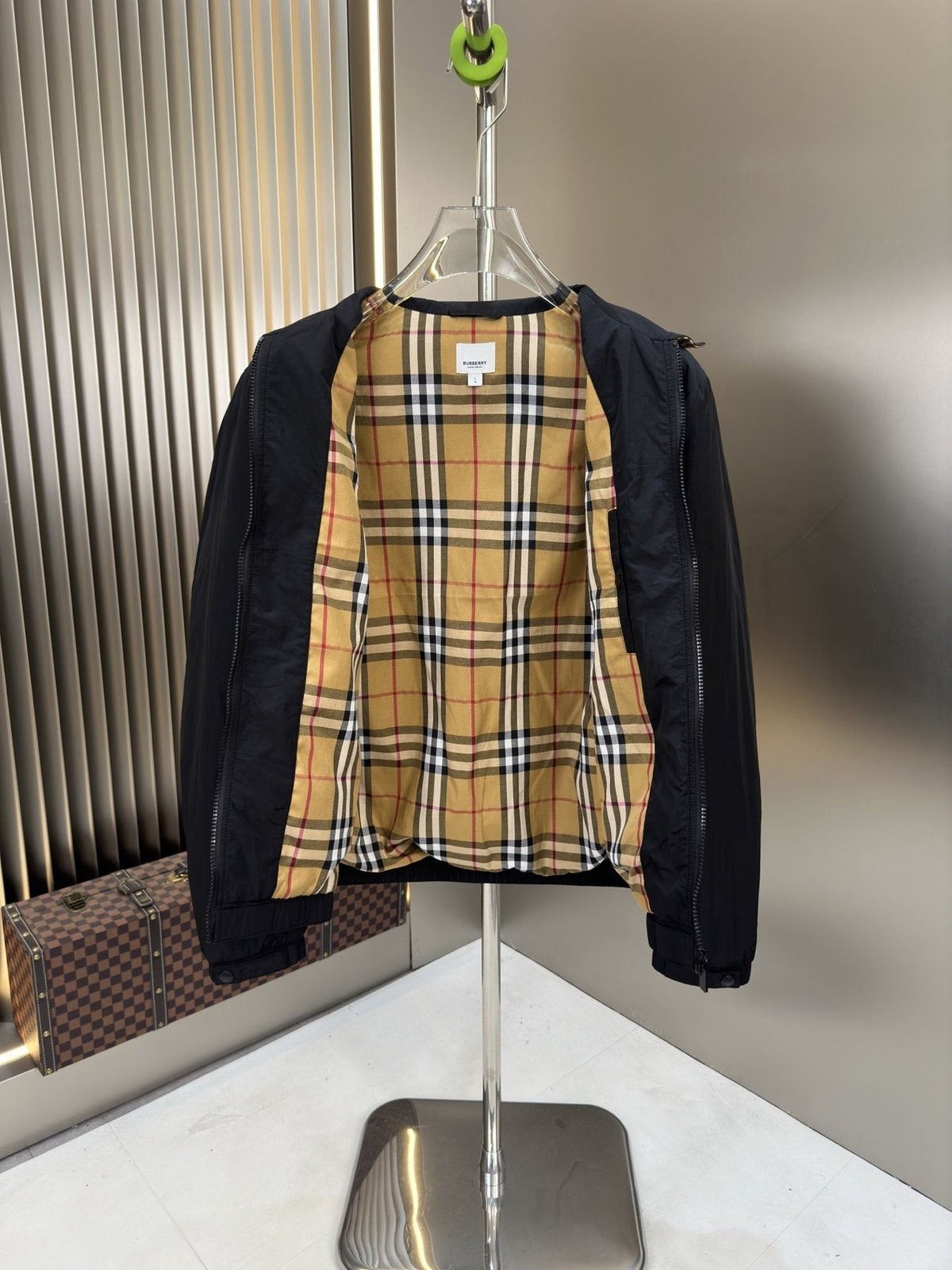 Moncler Black Zip-Front Jacket with Checked Lining — detail