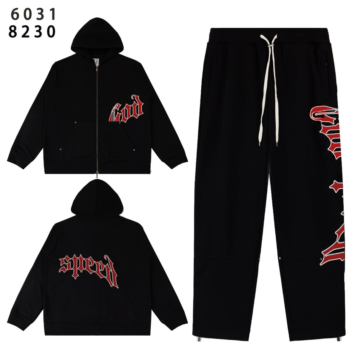 Godspeed Red Gothic Print Zip Hoodie Tracksuit Set — front