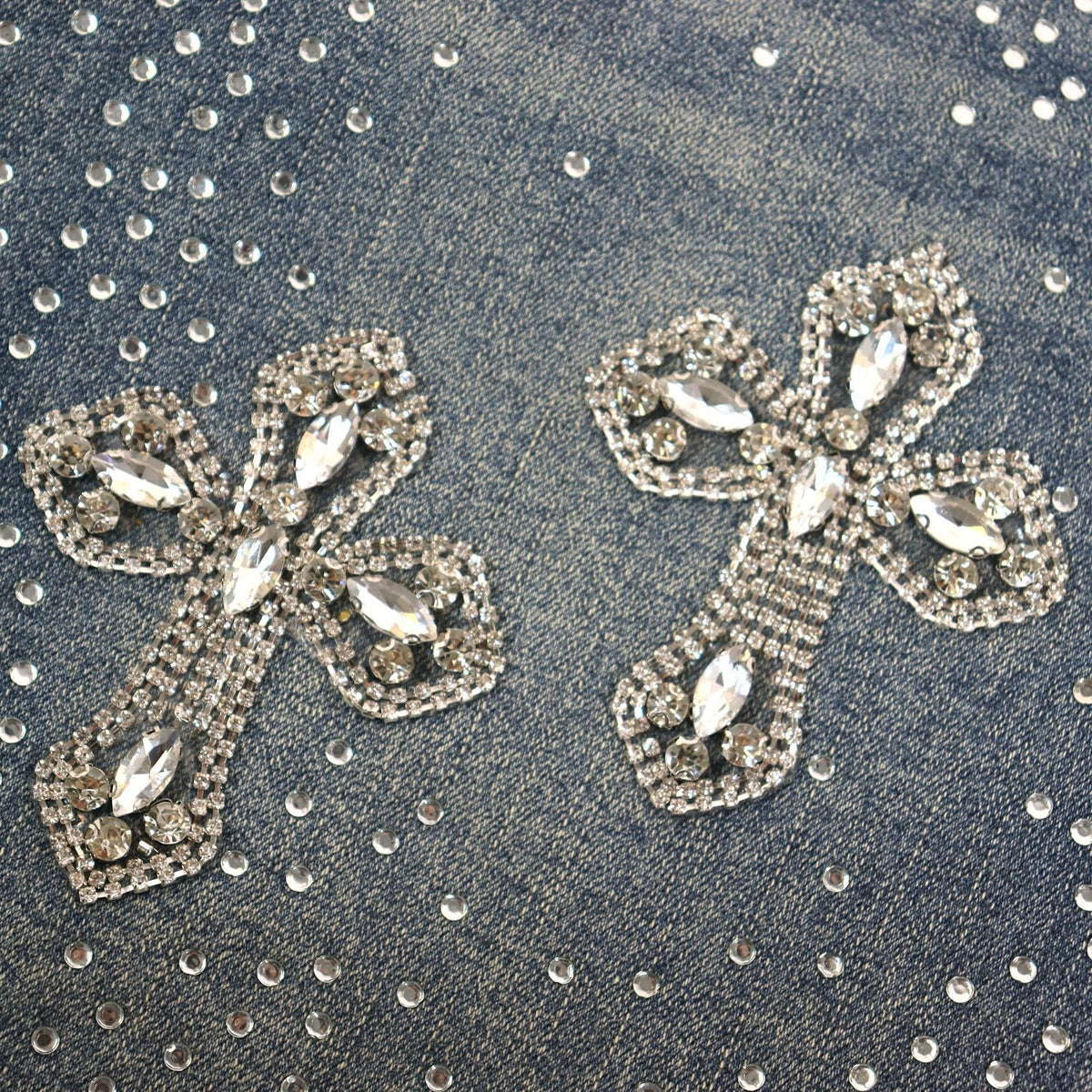 PURPLE Rhinestone Bow Cross Denim Shorts — detail