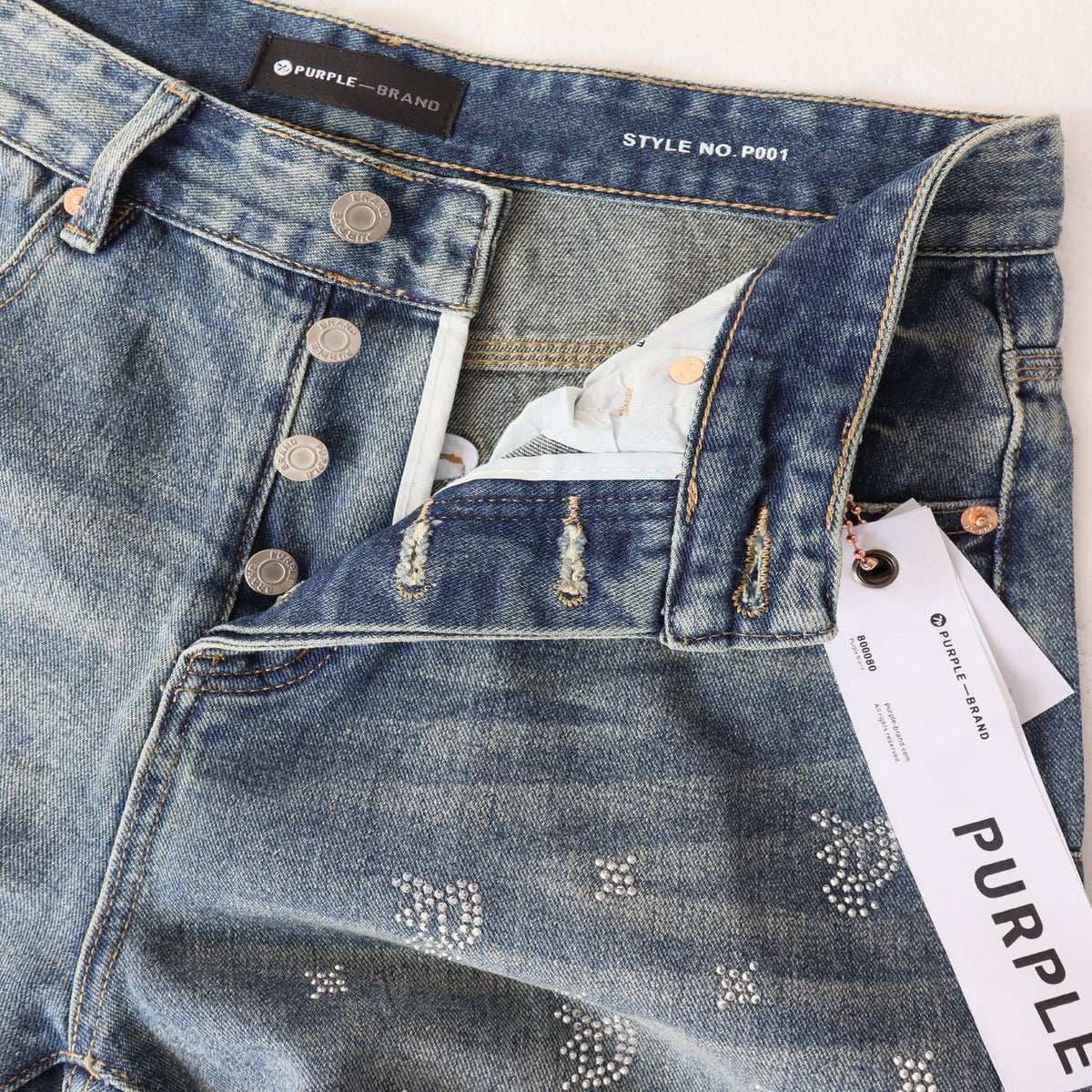 PURPLE Rhinestone Raw-Hem Denim Shorts — detail