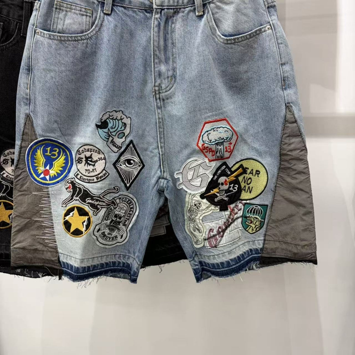 Godspeed Fear No One Patch Denim Shorts — front