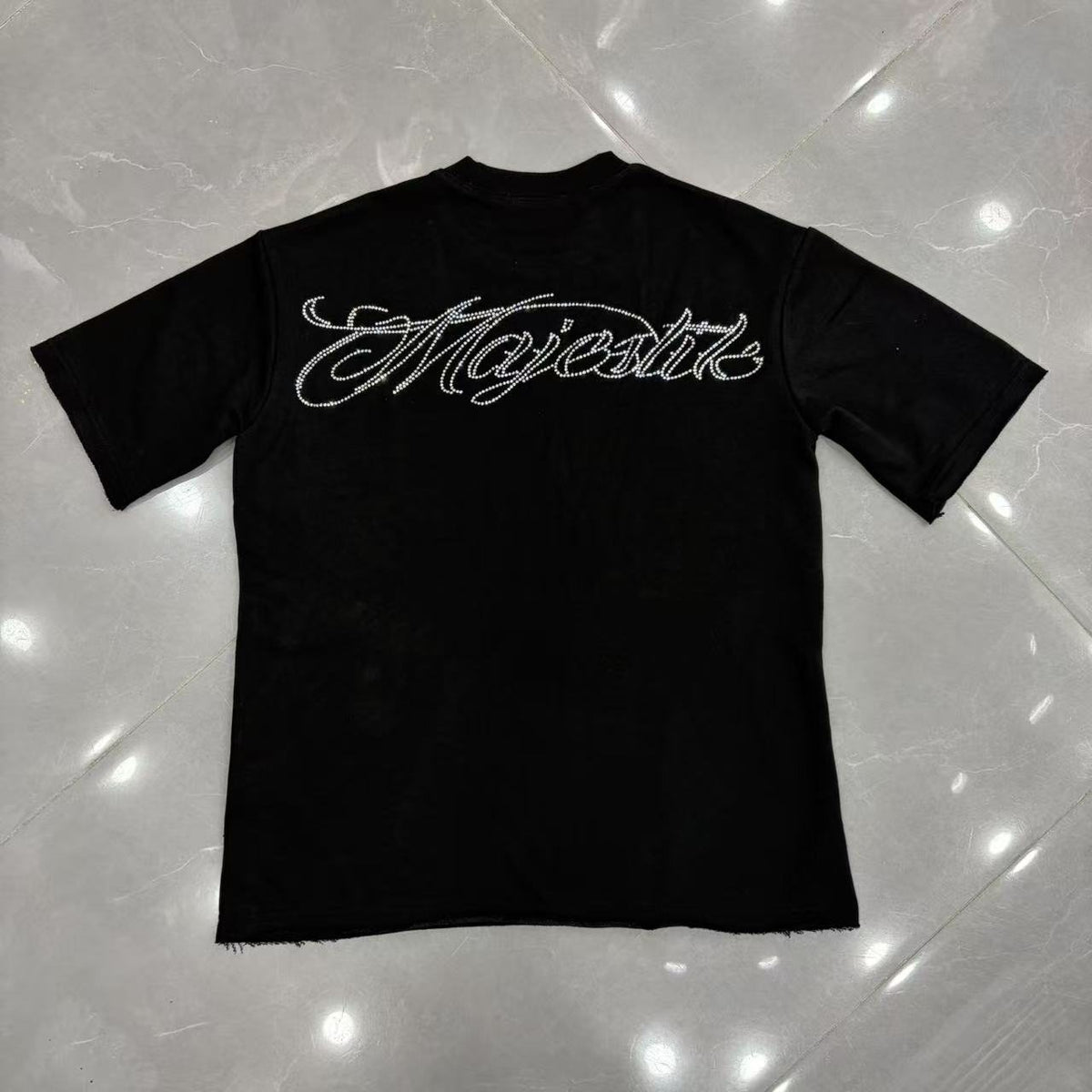 MAJESTIK Rhinestone-Style Script Graphic T-Shirt — front