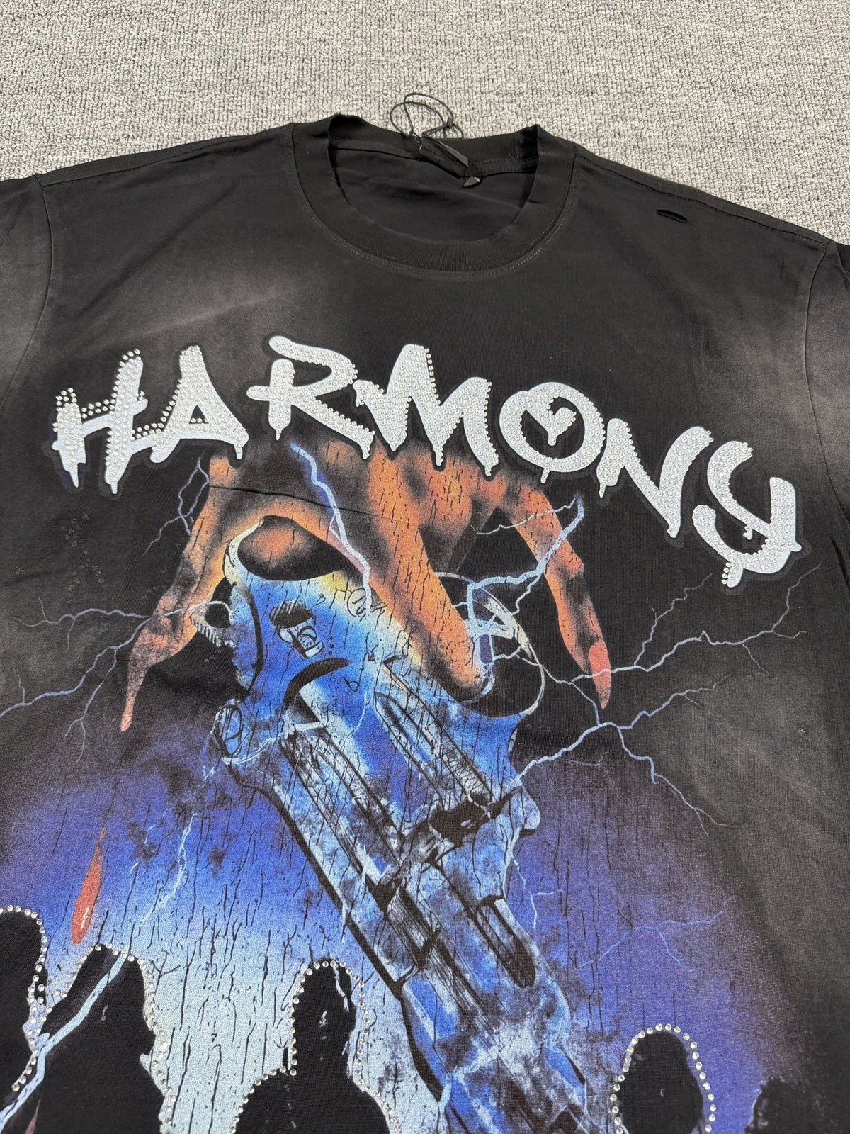 HARMONY New Age Distressed Rhinestone Graphic T-Shirt — detail