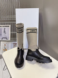 DIOR 25S D-MAJOR ANKLE BOOTS IN BLACK CALFSKIN AND BEIGE FABRIC