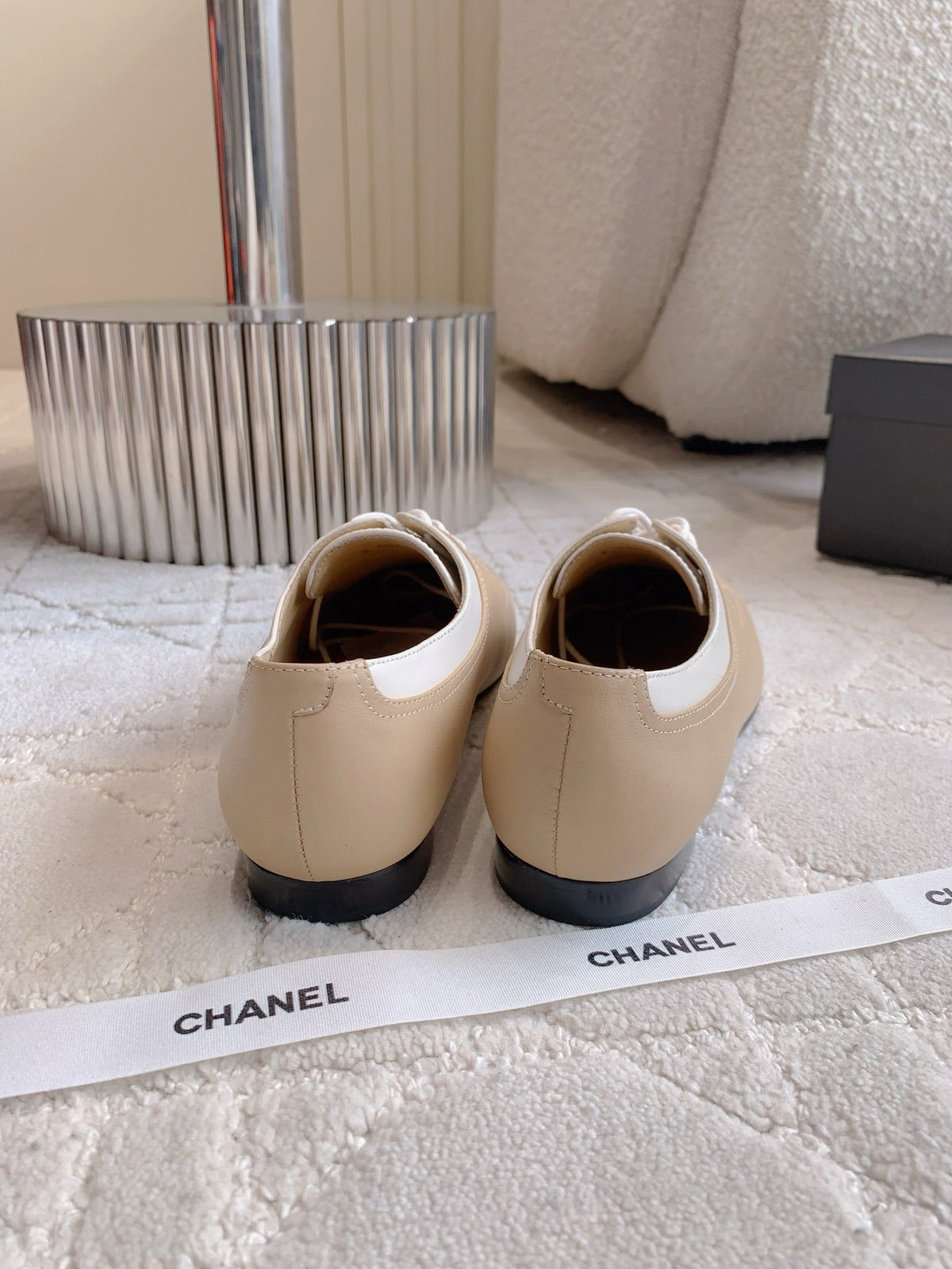CHANEL 25S TWO TONE LACE UP IN BEIGE CALFSKIN