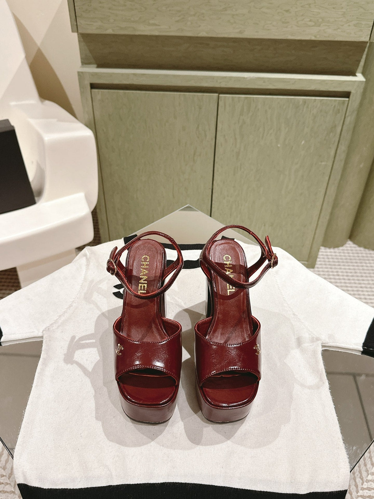 CHANEL HIGH SANDAL WINE RED CALFSKIN
