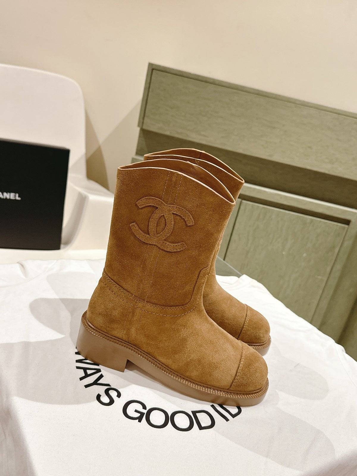 CHANEL SHORT BOOTS PEANUT BROWN SUEDE CALFSKIN