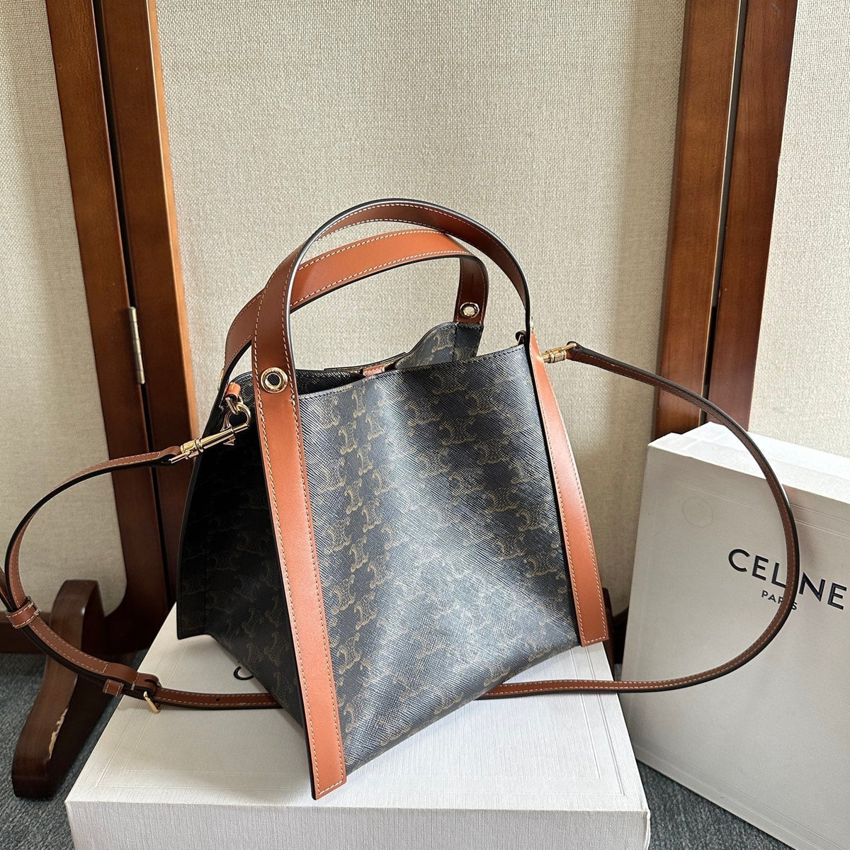 CELINE 25S CUBE BAG 18MM IN BLACK TRIOMPHE CANVAS AND DARK BORWN CALFSKIN