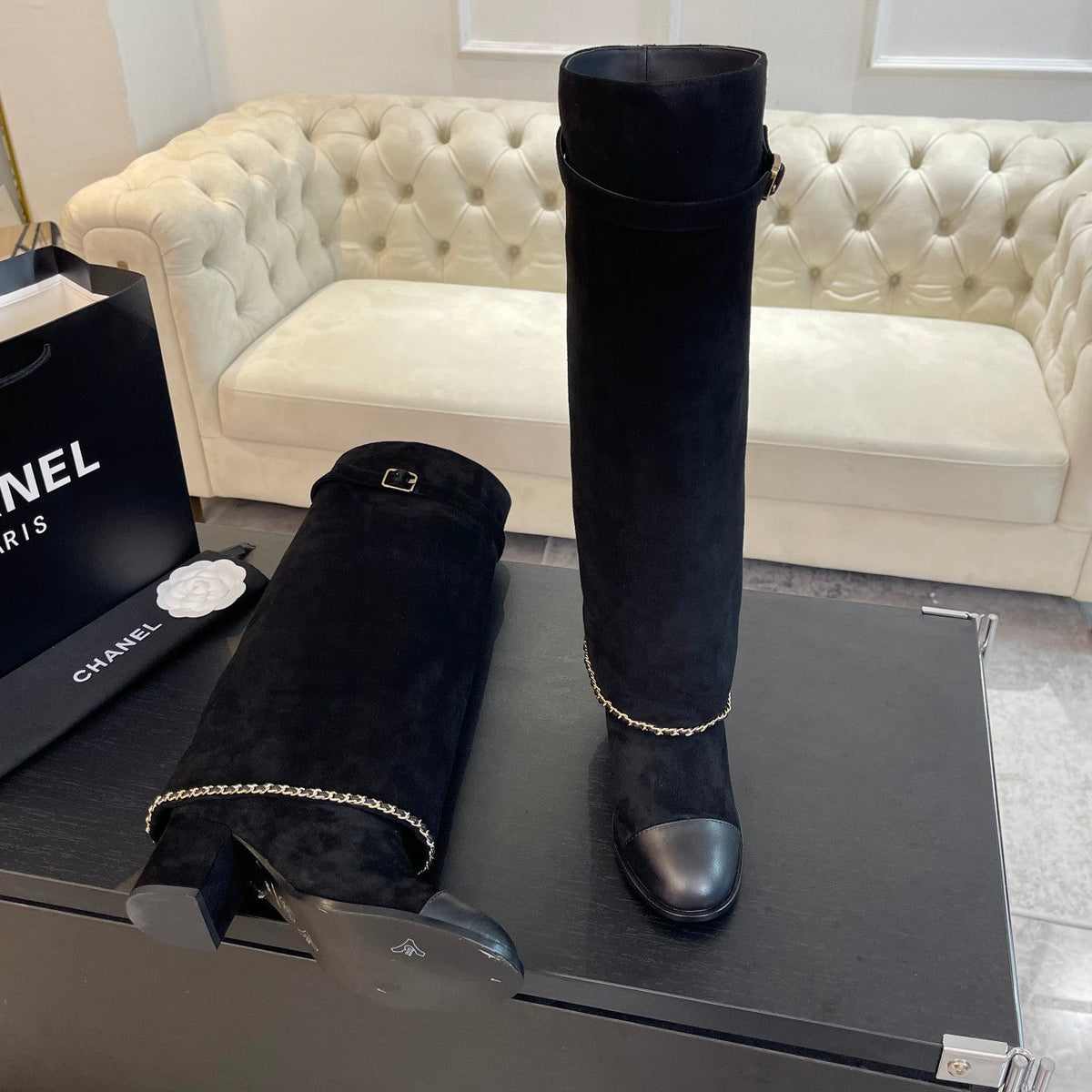 CHANEL HIGH BOOTS 6.5 CM IN BLACK SUEDE AND CALFSKIN
