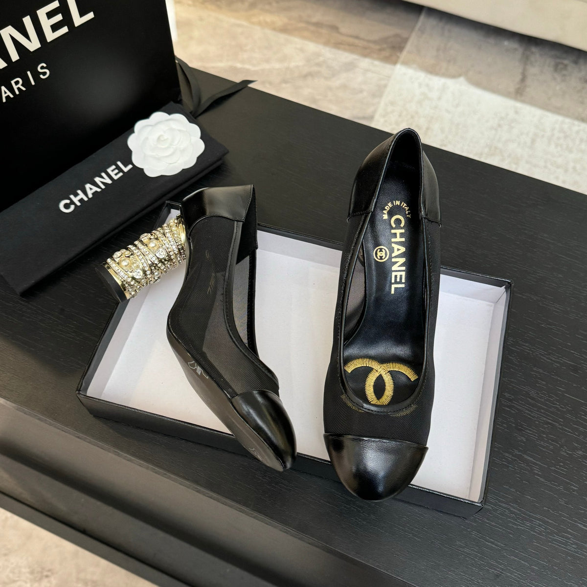 CHANEL HIGH HEEL 85 MM SANDALS IN BLACK CALFSKIN AND MESH