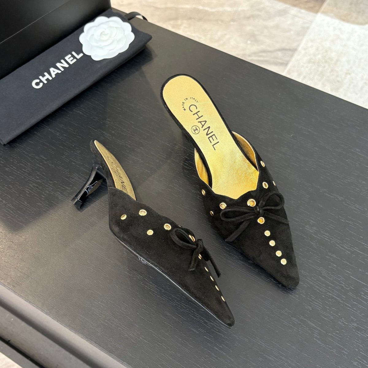 CHANEL HIGH HEEL MULE 65 MM IN BLACK SUEDE