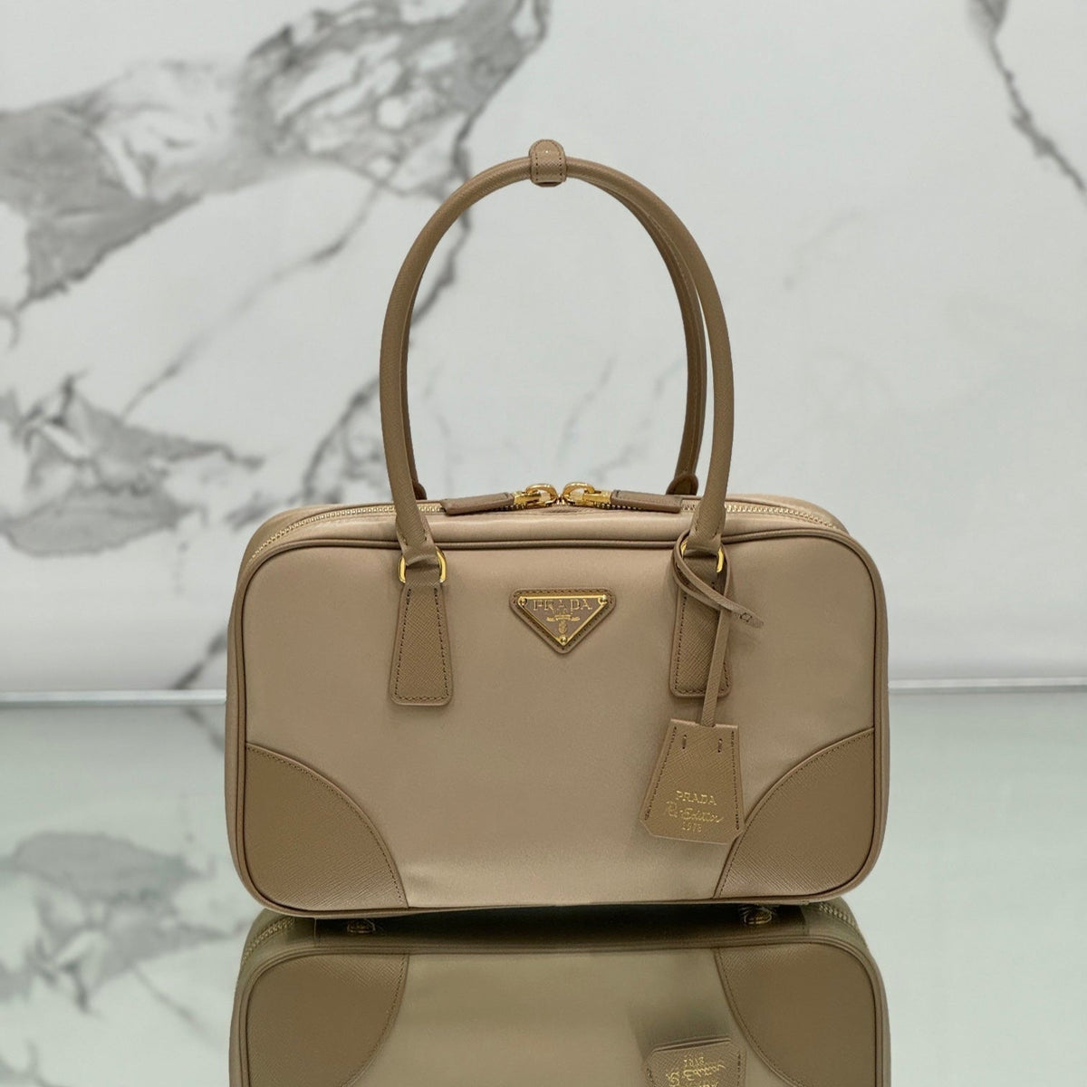 PRADA MEDIUM TOP HANDLE BAG 30 IN DRIED MOSS NYLON AND CALFSKIN TRIM