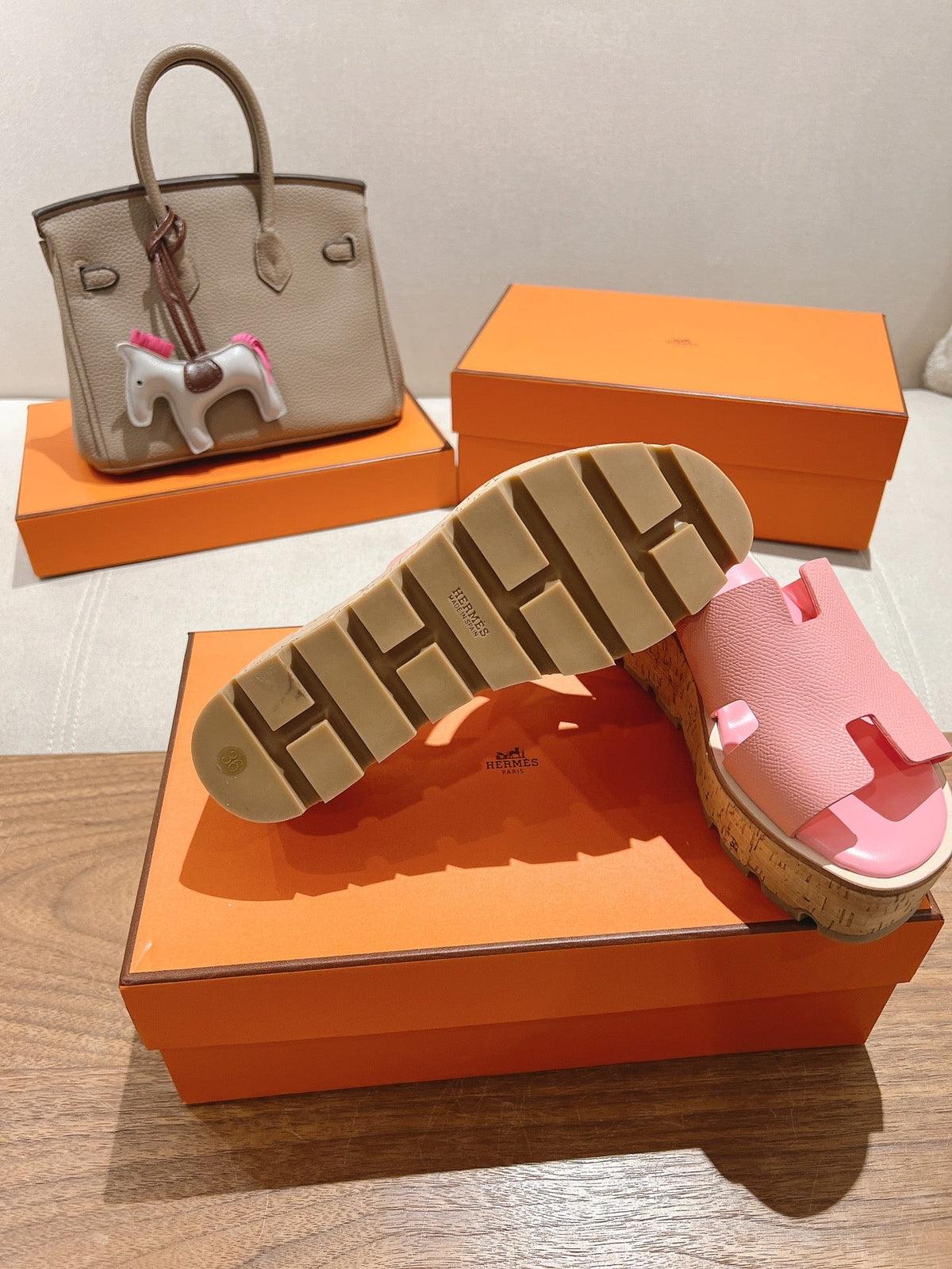 HERMES 25S HIGH WEDGE SANDALS IN PINK LAMBSKIN STYLE 31
