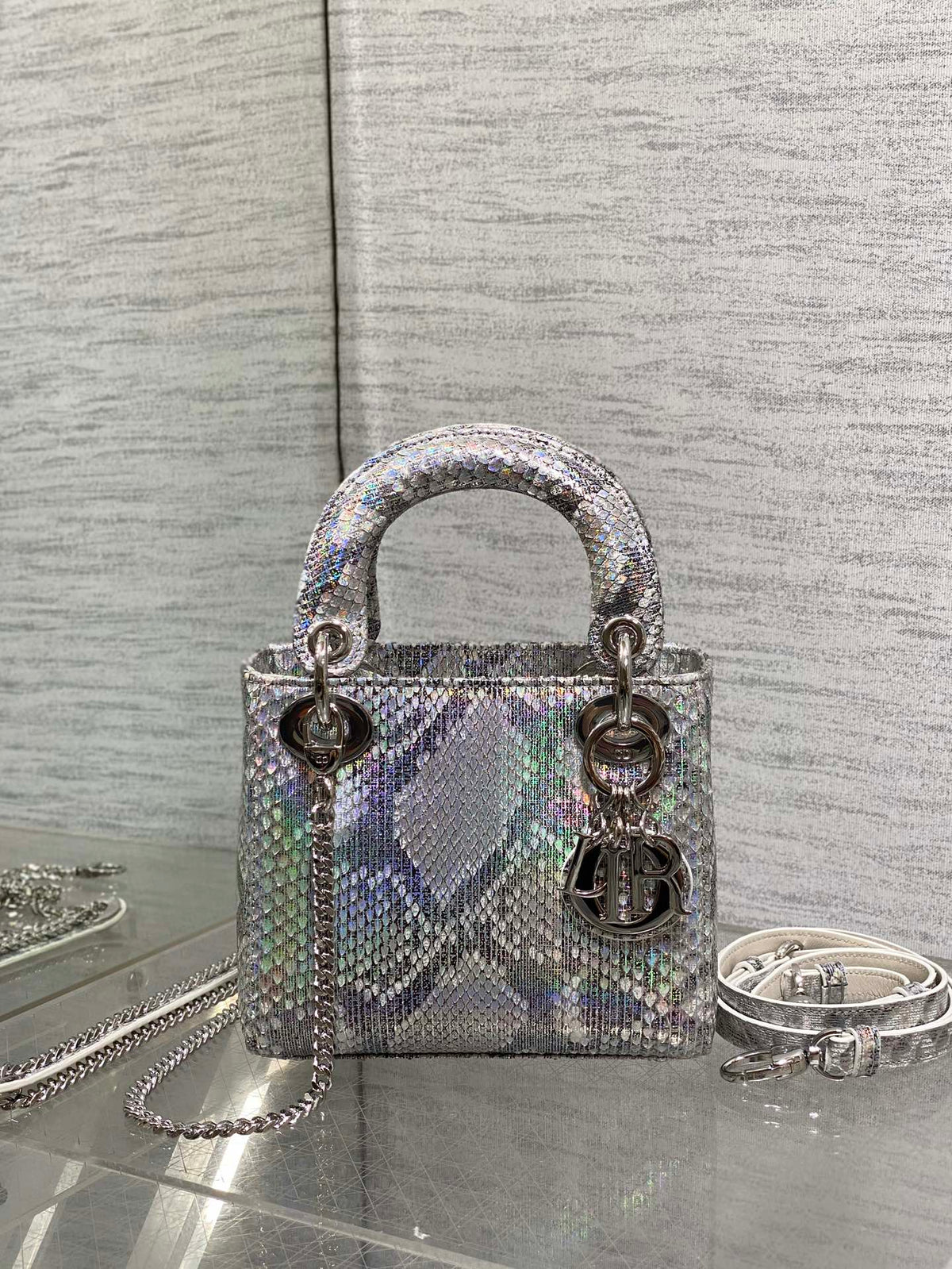 DIOR MINI 17 LADY BAG IN SILVER SNAKESKIN PATTERN LAMBSKIN