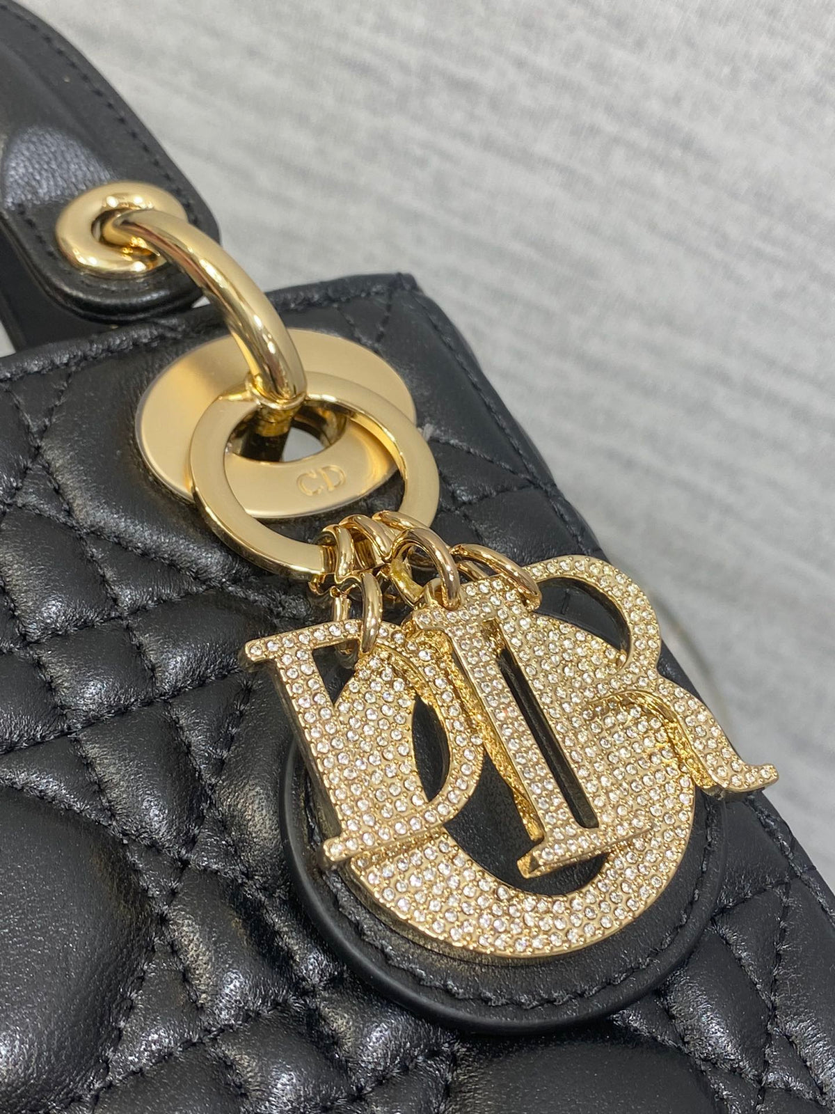DIOR 25S MINI LADY  BAG 17 IN BLACK CALFSKIN CHARM CRYSTAL EMBELLISHMENTS
