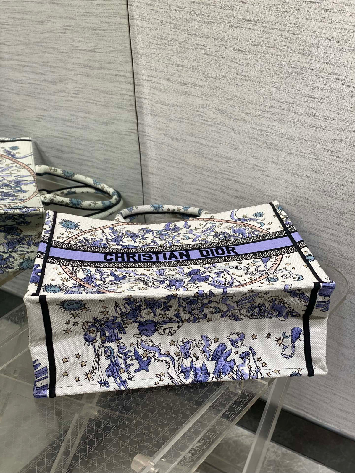 DIOR 25S LARGE BOOK TOTE 42 IN WHITE AND PURPLE DIOR NIGHT OF DREAMS EMBROIDERY