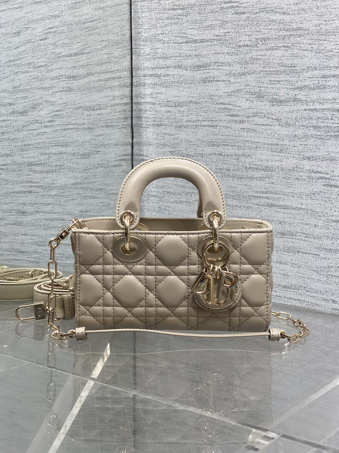 DIOR 25S MICRO LADY D-JOY 19 IN POWDER BEIGE CALFSKIN GOLD HARDWRE