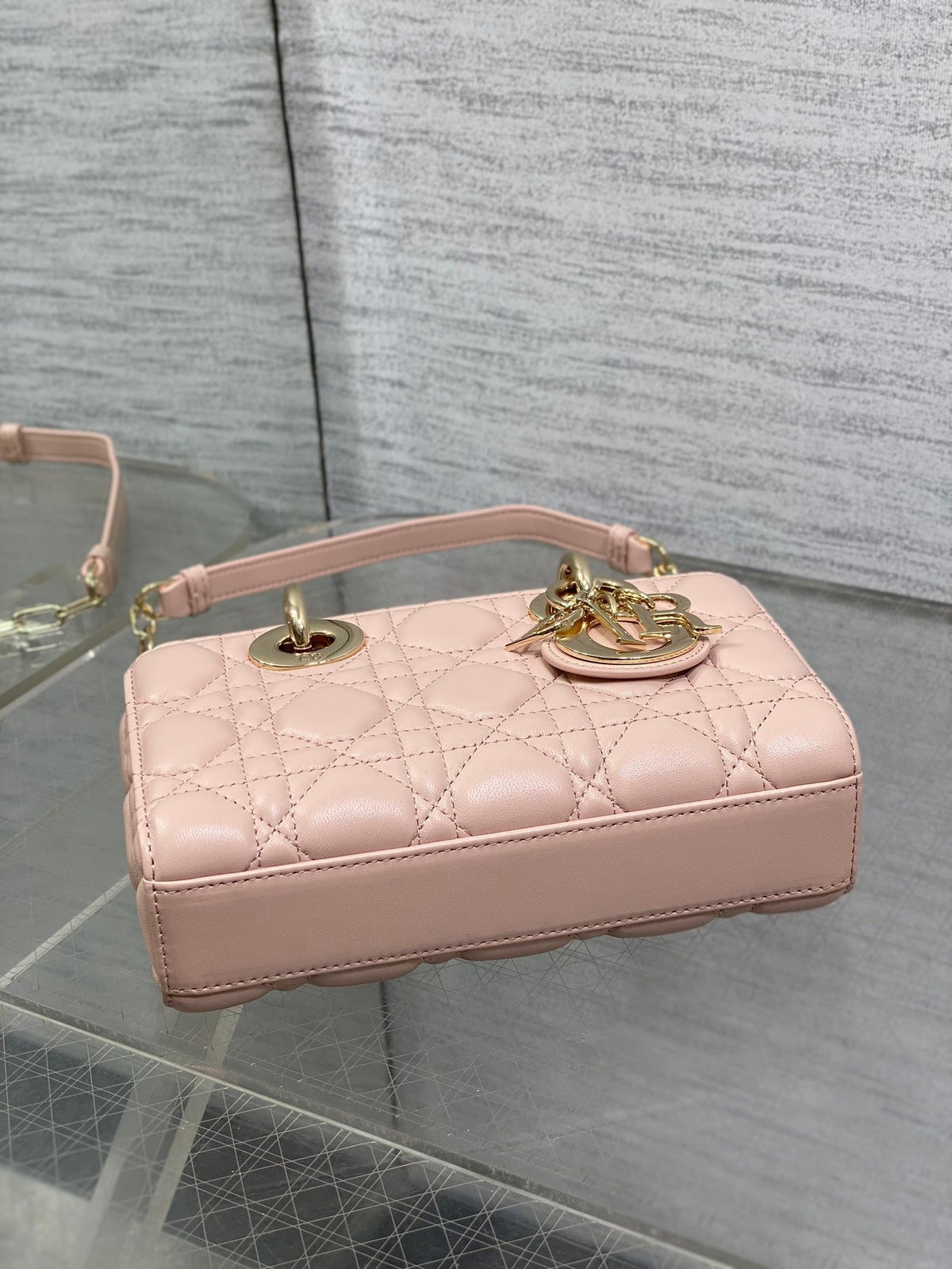 DIOR 25S MICRO LADY D-JOY 19 IN BABY PINK CALFSKIN GOLD HARDWARE