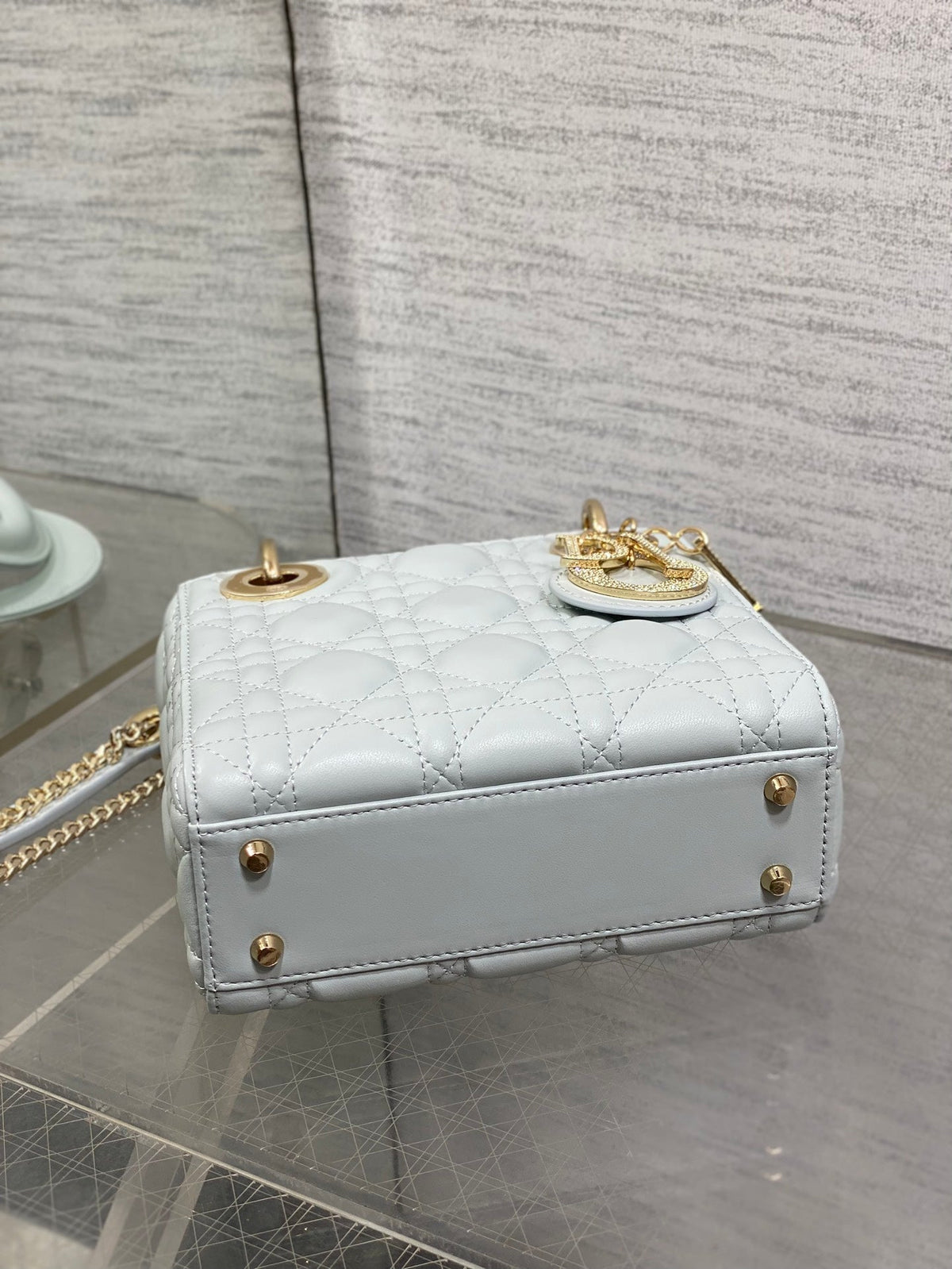 DIOR 25S MINI LADY  BAG 17 IN LIGHT BLUE CALFSKIN CHARM CRYSTAL EMBELLISHMENTS