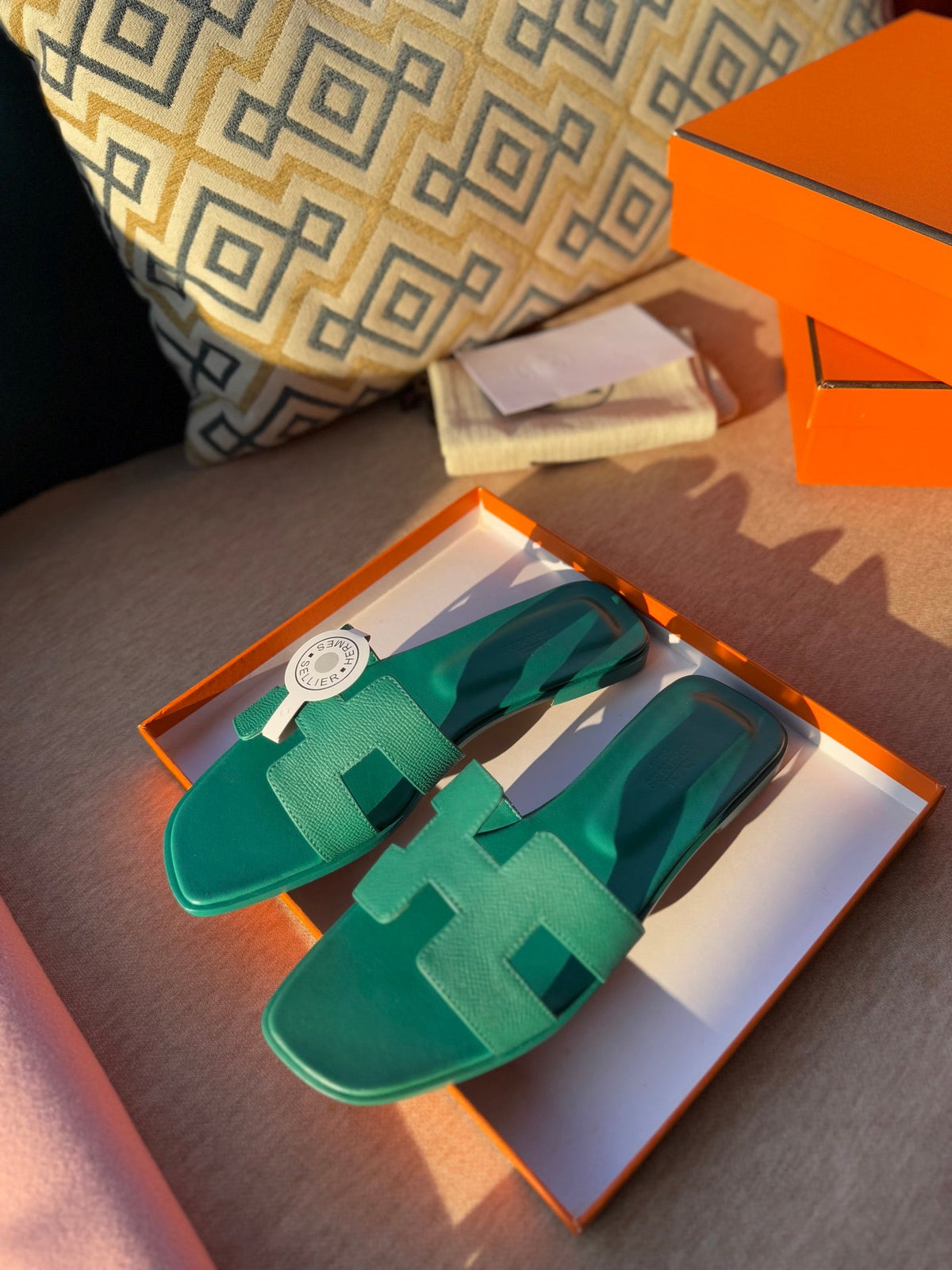 HERMES 0RAN SANDALS IN PERSIAN GREEN CALFSKIN