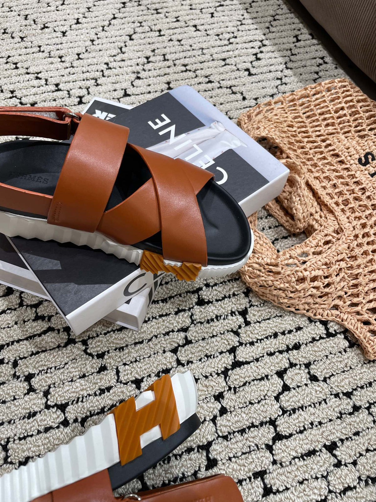 HERMES ELECTRIC SANDAL BLACK MIX CARAMEL CALFSKIN