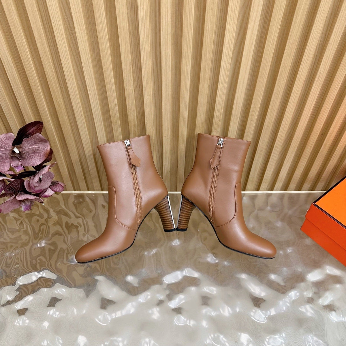 HERMES 25S ANKLE BOOTS 70 MM IN BROWN LAMBSKIN