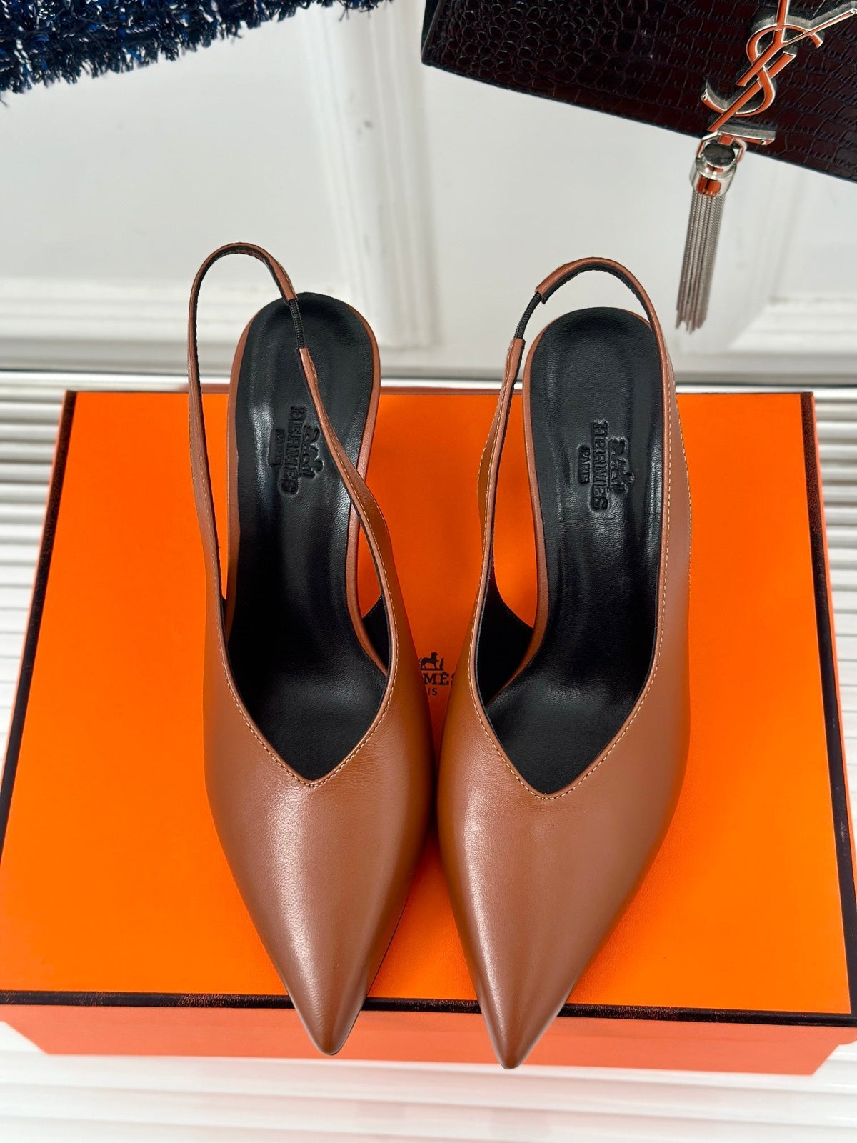 HERMES HIGH HEEL 75 MM POINTED- TOE SANDAL IN BRONZE BROWN CALFSKIN