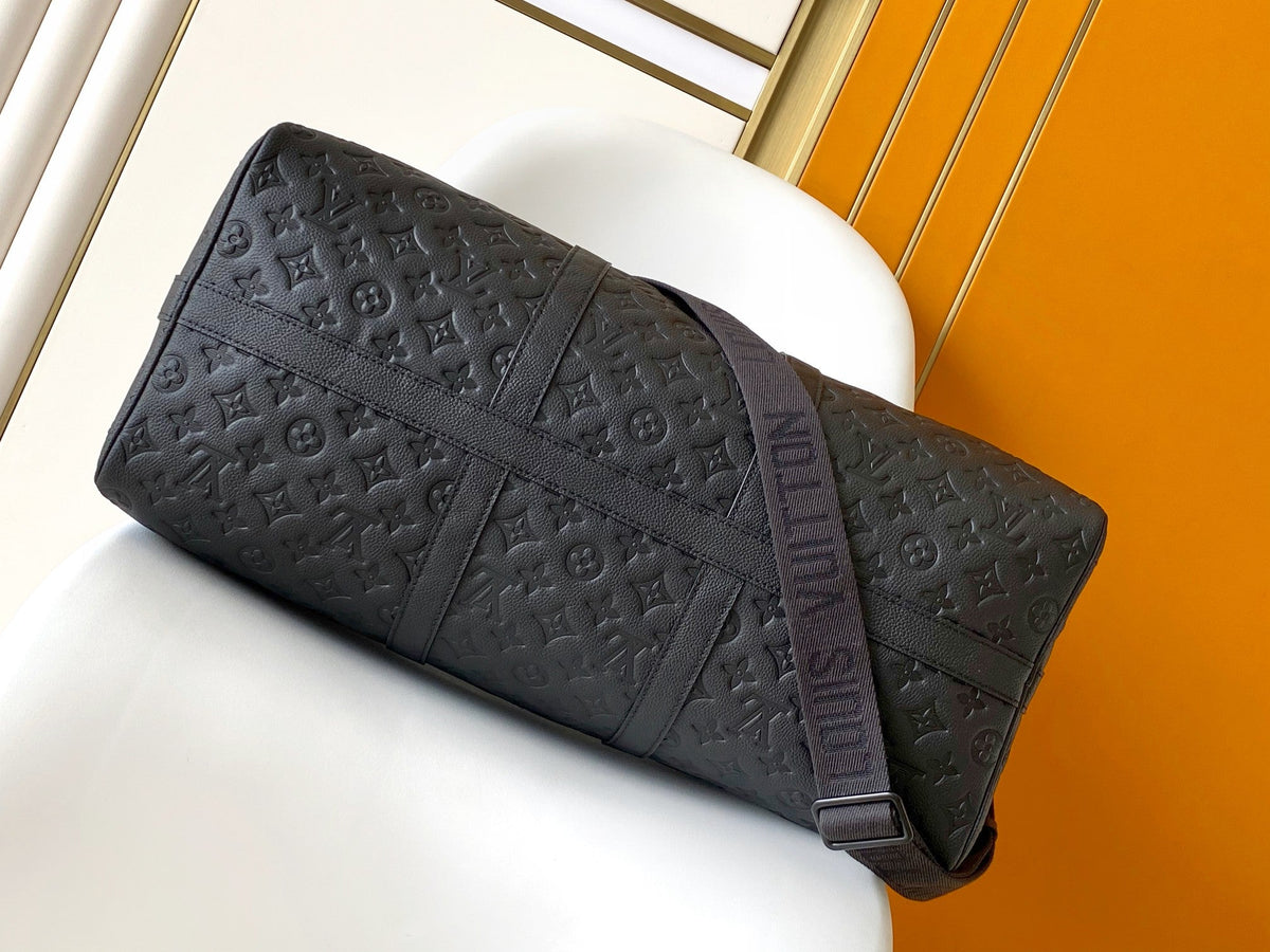LOUIS VUITTON LV 25S KEEPALL BANDOULIÈRE BAG 50 IN BLACK EMBOSSED TAURILLON CALFSKIN MONOGRAM