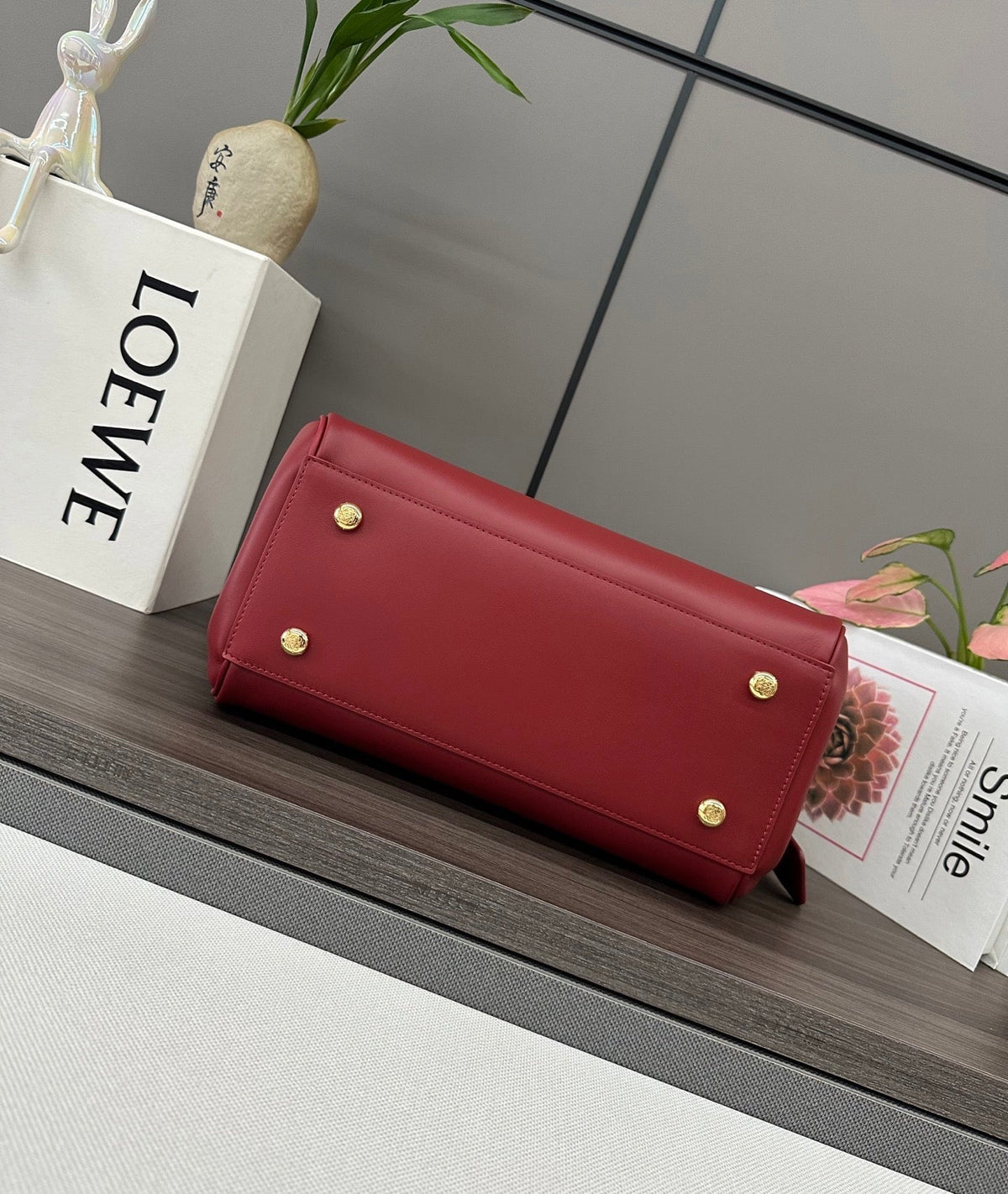 LOEWE 25S MADRID BAG 28 IN CHERRY RED CALFSKIN GOLD HARDWARE