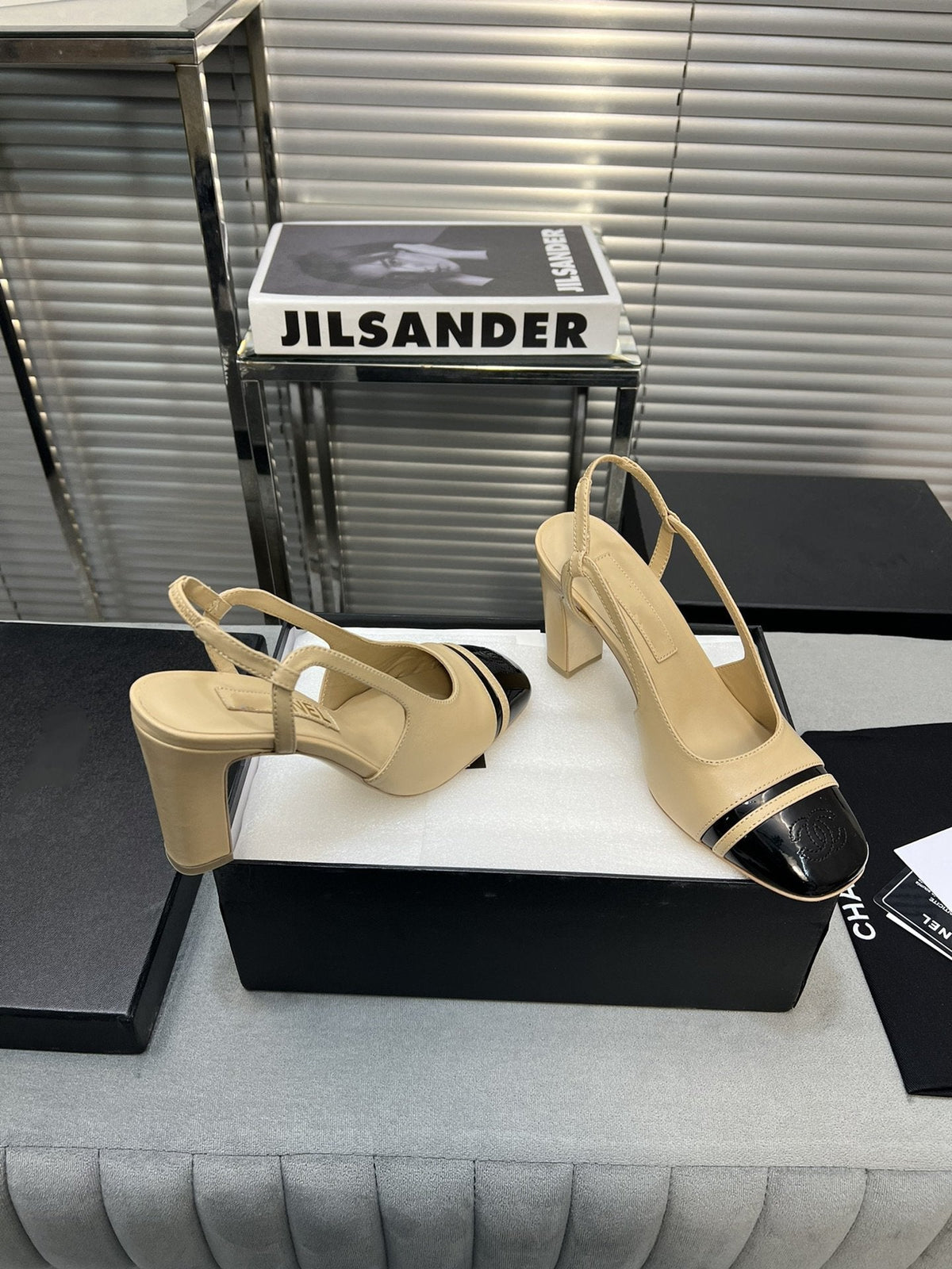 CHANEL slingback light beige suede silver metalic lambskin square toe 9.5